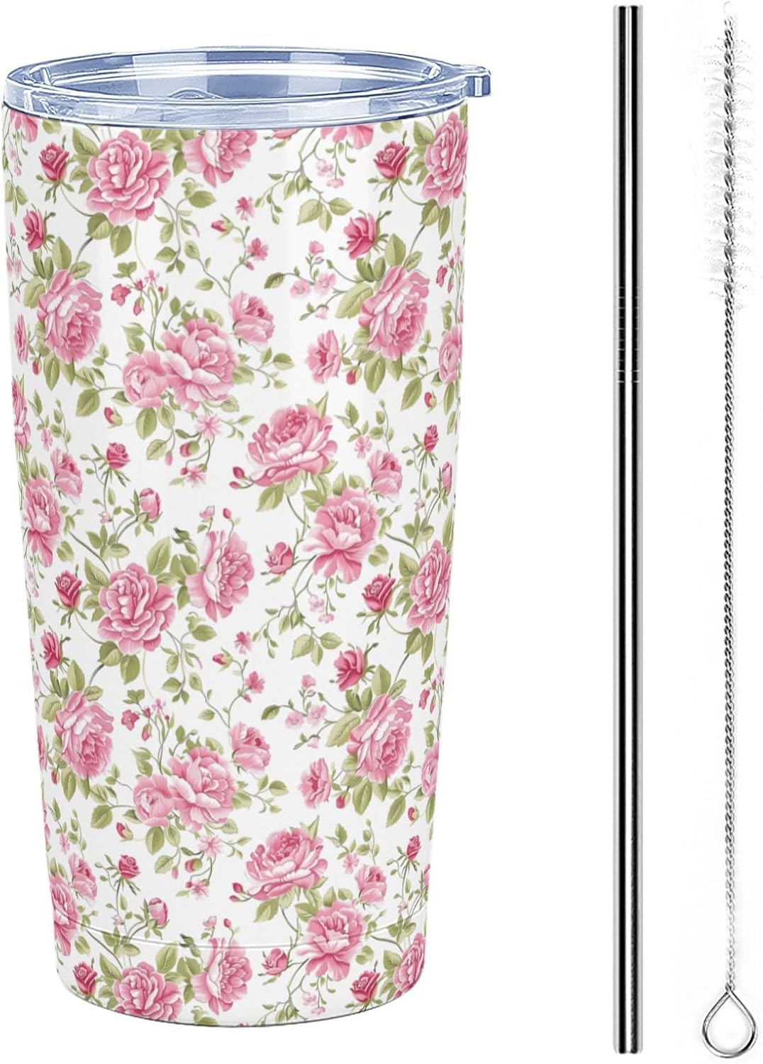 Pink Rose Floral Travel Coffee Tumbler 20 oz, Flower Lover Insulated Mug with Lid, Stainless Steel Cup for Outdoor Hot Cold Drinks