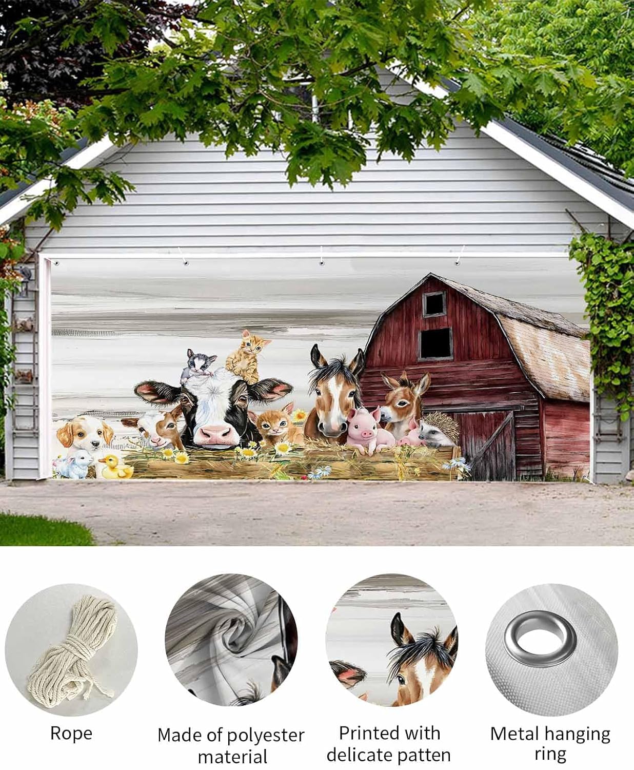 Garage Door Banner 6.9x16ft,Animal Pig Cow Farm Barn Garage Door Cover Porch Large Backdrop Banners Wall Decorations for Indoor Outdoor Holiday Party,Retro Fence Country Wheat Harvest
