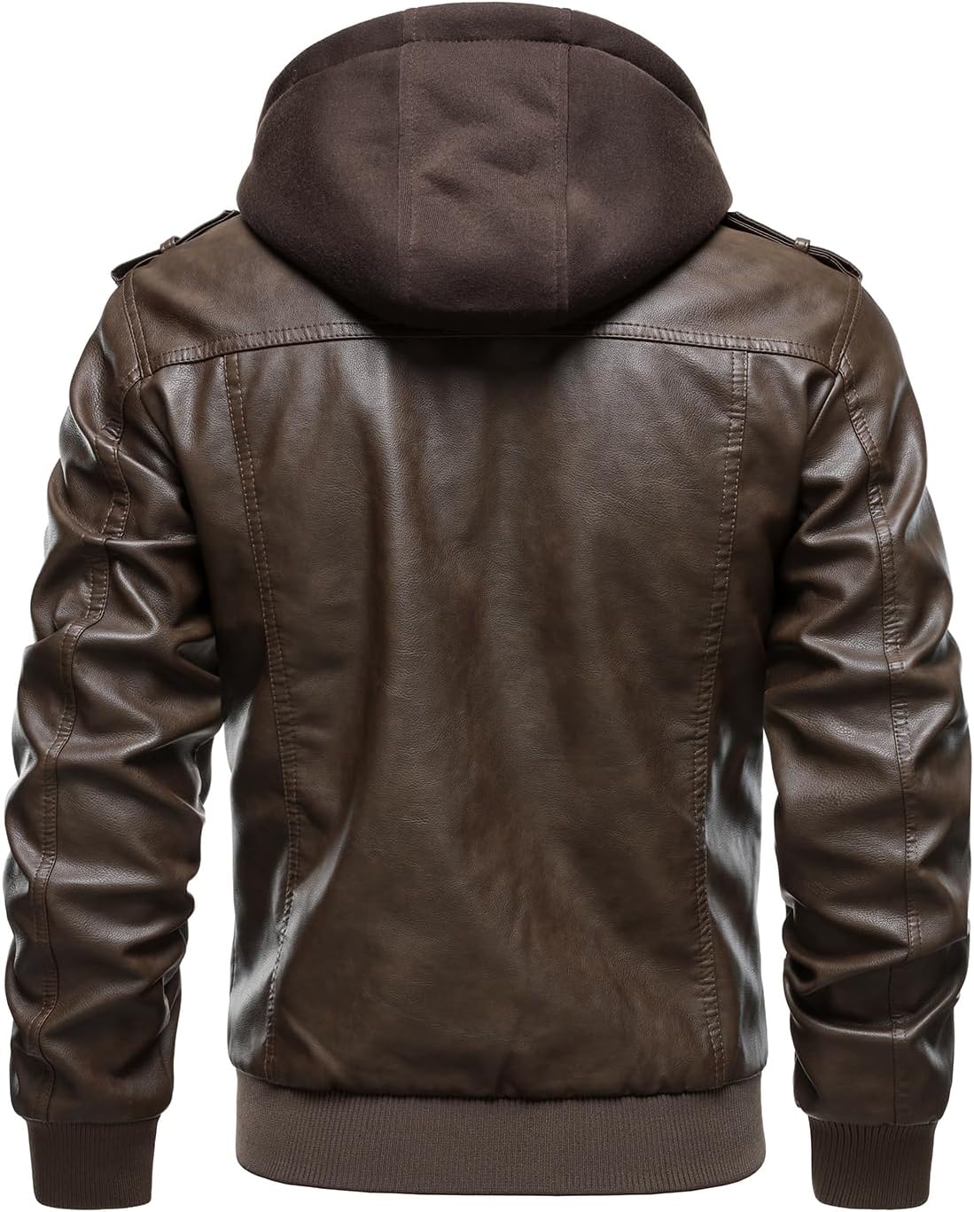 HOOD CREW Men's Faux Leather Hooded Jacket Motorcycle Jackets Water Repellent Windproof PU Moto Vintage Bomber Hoodie Coats - Image 4