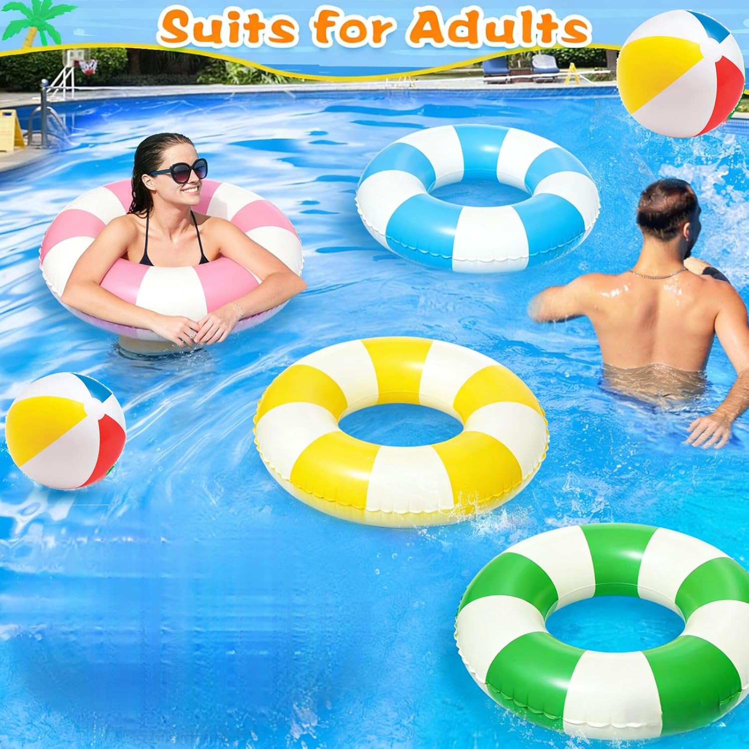 4 PCS Striped Inflatable Pool Floats for Swimming Pool Party Lake Beach Adults - Floaties Pool Tubes Swim Rings Tubes Floaties for Beach Pool Party Decorations