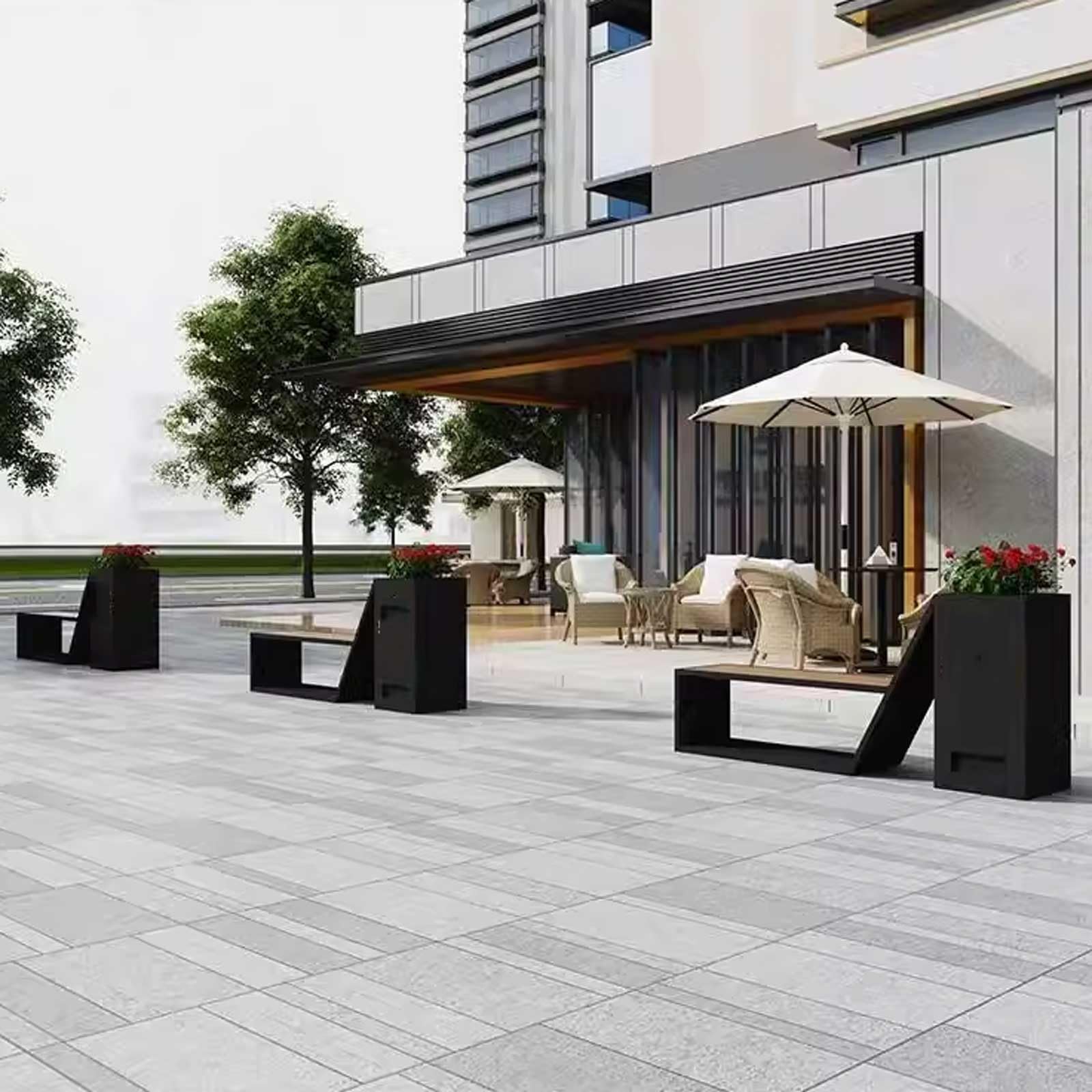 Banco de jardín de metal de hierro con maceta, asiento de parque al aire libre, negro, 180 x 30 x 80 cm, ideal para zonas de descanso comerciales y patios