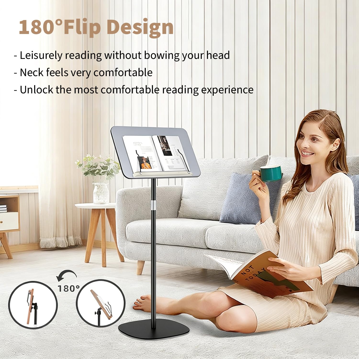 Leggio Musicale Regolabile 2 In 1, Leggio per Libri, per Pavimento/Tavoloaltezza Regolabile 80-140 Cm, Leggio Inclinabile a 180°, Base Antiscivolo per Spartiti, Ricette, Tablet, Laptop