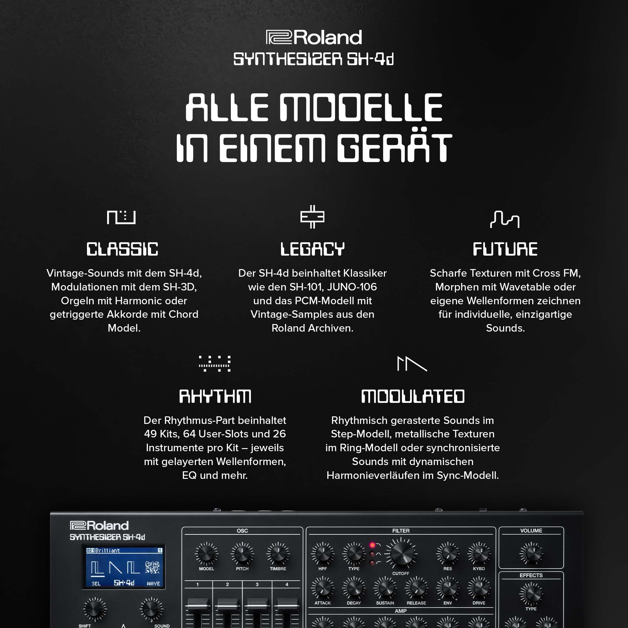 Roland SH-4d kompakter Desktop-Synthesizer | 11 OSC-Modelle | professionelle Sounddesign-Werkzeuge | geeignet für Studio & Live | Hands-On-Workflow | zahlreiche Effekte