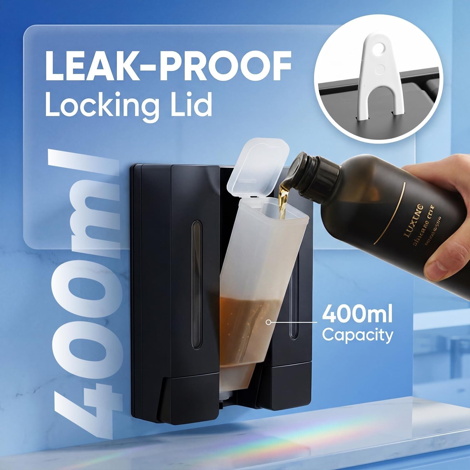 Dispenser per shampoo, balsamo e bagnoschiuma a 3 camere, sapone doccia a parete, capacità 1200 ml (3 × 400 ml), installazione senza trapano o vite, bottiglie ricaricabili con finestra trasparente