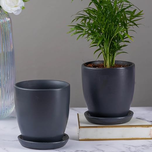 Contemporary Charcoal Grey Ceramic Pots Set of 2