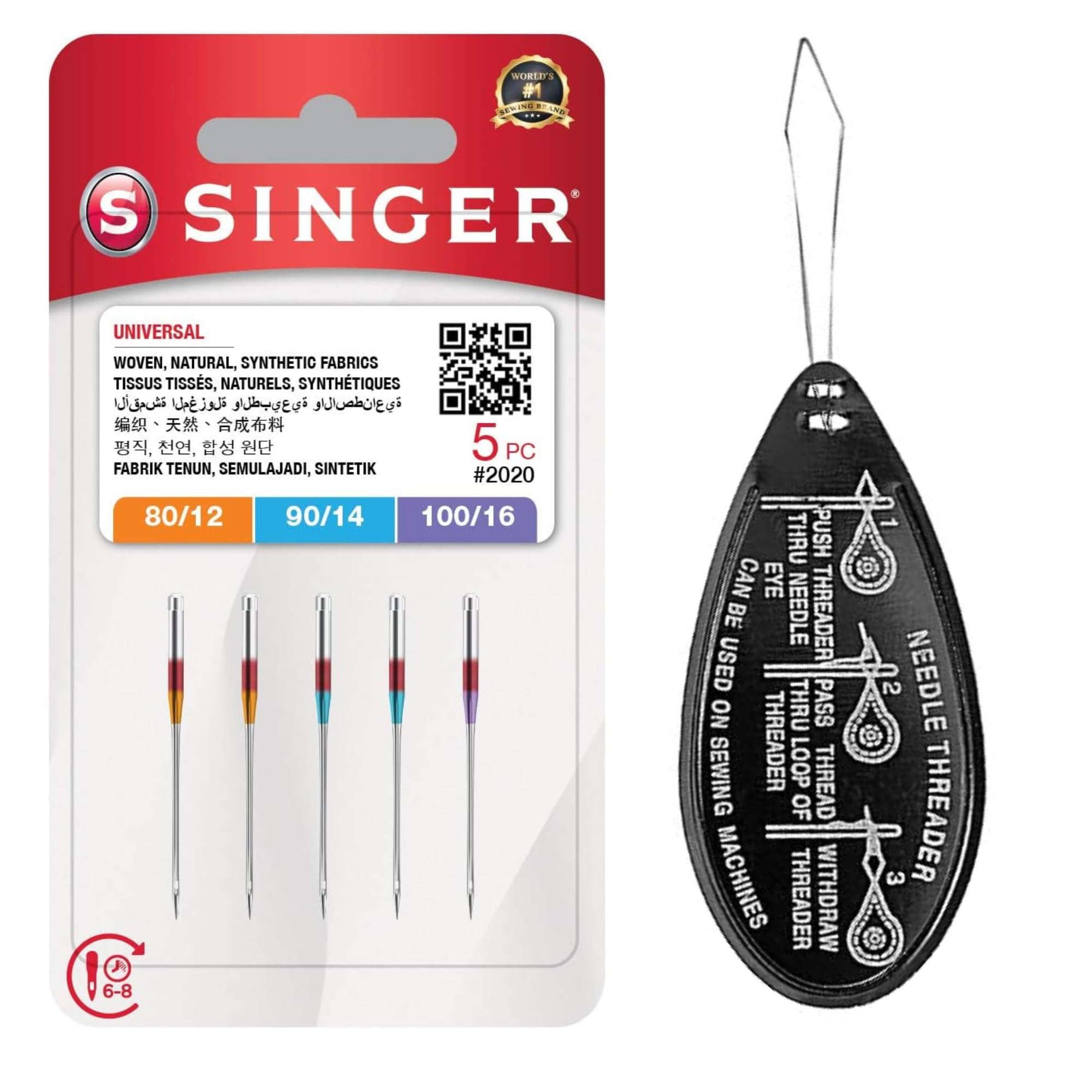 Ipc Sewing Parts Silver Singer Universal 2020 Sewing Machine Needles, Packet Of 5, Assorted Sizes 80/12, 90/14 & 100/16, Includes Large Needle Threader