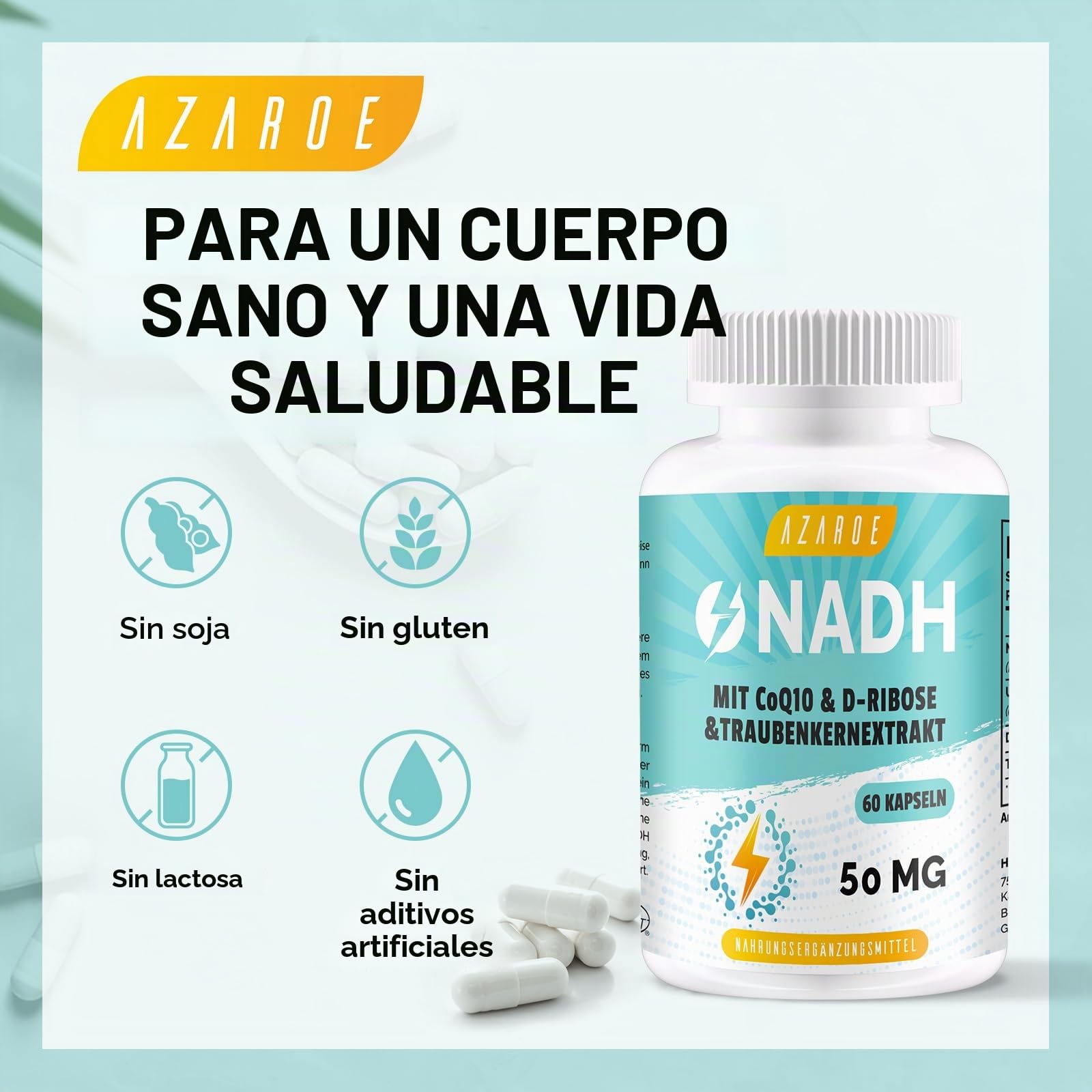 NADH 50 mg, Fórmula Avanzada con CoQ10, Vegano, Alta Potencia, Mejora la Energía Celular, Producción de ATP, 60 Cápsulas (Paquete de 2)