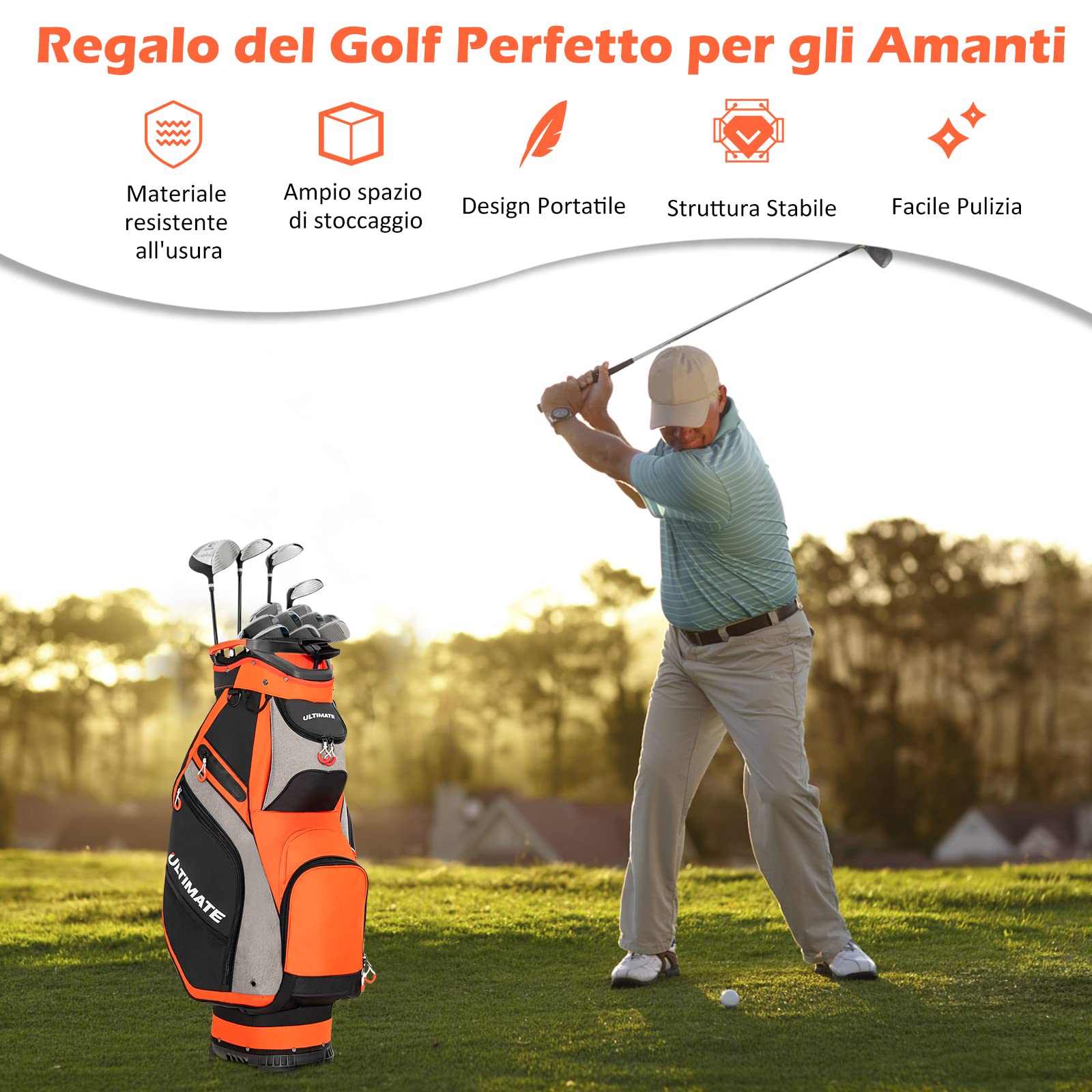 COSTWAY Borsa da Golf Portatile con 14 Divisori Superiori a Tutta Lunghezza, 7 Tasche con Cerniera, Cappuccio Antipioggia, Tracolla, Manico e Portaombrelli, Ideale per Uomini e Donne (Rosso e Grigio)