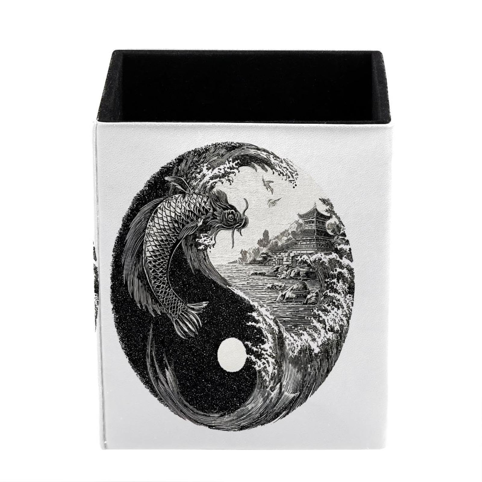 XingFox Retro Yin and Yang Pen Holder for Desk Deco, Sqaure PVC Leather Pencil Cup for Desk Pen Organizer, Makeup Brush Holder for School, Home, Office