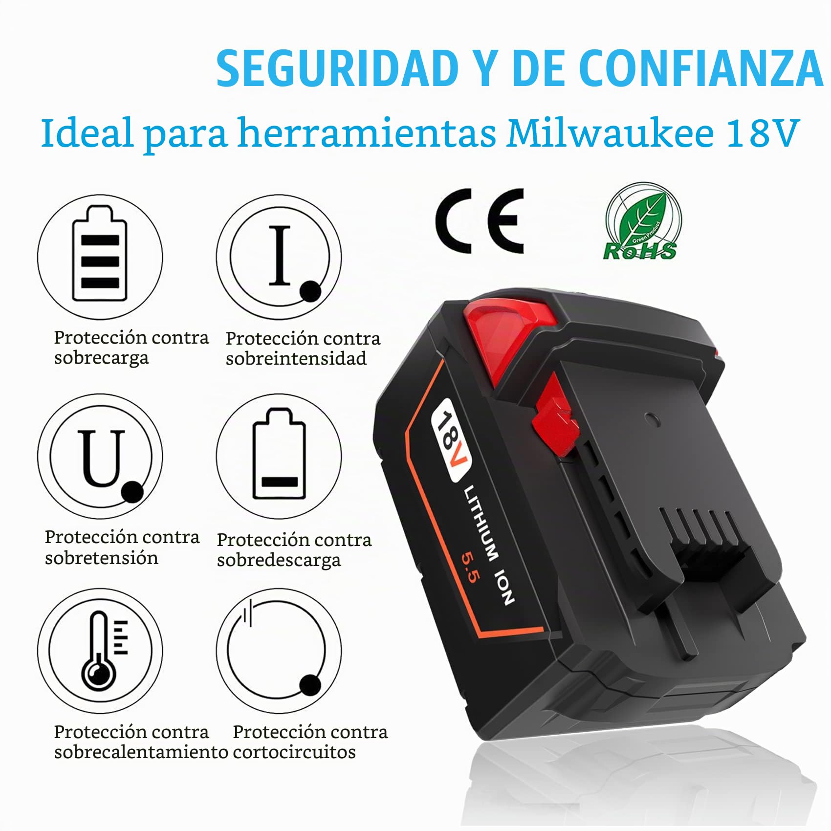 2X 5.5Ah M18 Batería para Milwaukee 18V Herramientas Eléctricas | Recargable, lithium bateria con Indicador LED, Alta capacidad, para Milwaukee M18 Bateria 48-11-1850 48-11-1812