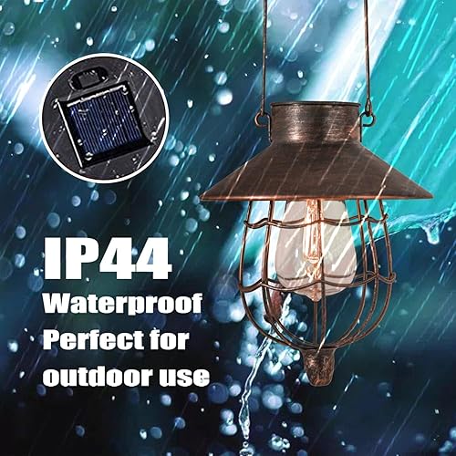 Miniatura 4 de YAKii Paquete de 2 faroles solares colgantes impermeables de metal para exteriores con luz blanca cálida para decorar patio, jardín, camino, patio,