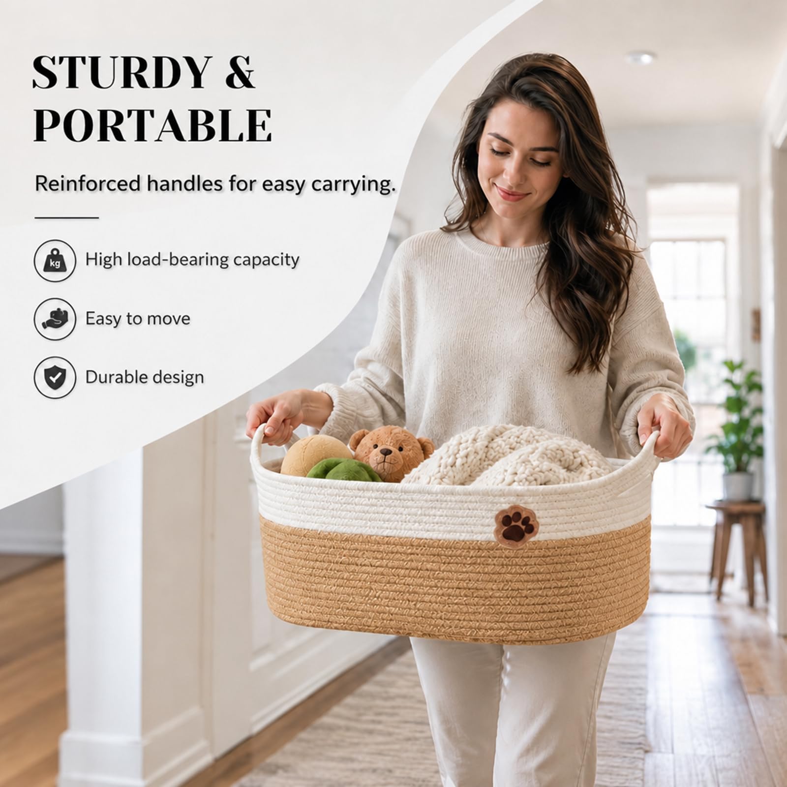 Cesto Intrecciato da 30L, Organizer per Accessori Cane, Vestiti, Coperte e Casa, Contenitore in Tessuto con Manici 50×20×28 cm Marrone