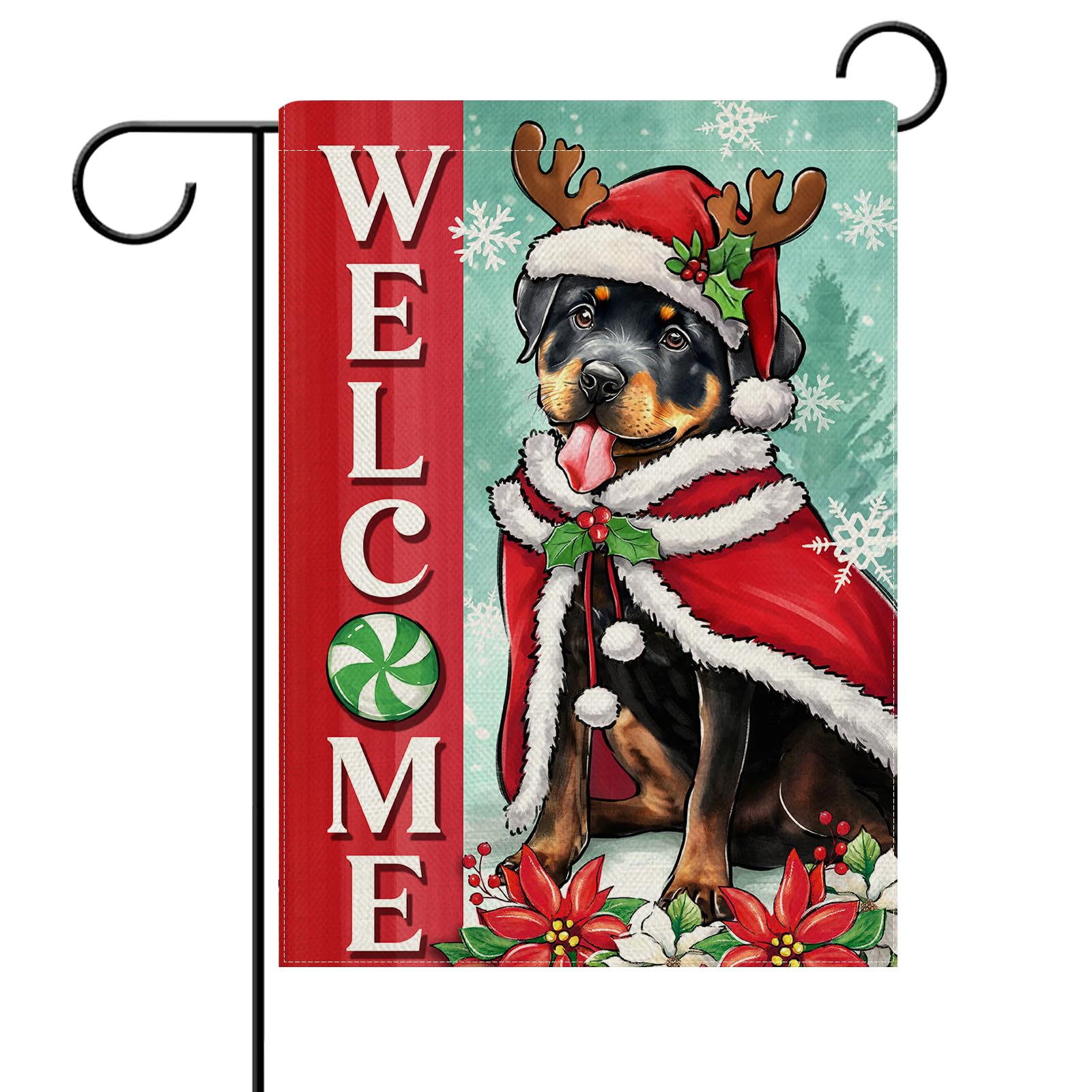 Dyrenson Welcome Christmas Rottweiler Dog Decorative Garden Flag, Xmas Pet Yard Home Decorations Dog Lover Gifts, Peppermint Candy Winter Holiday Burlap Outdoor Small Decor Double Sided 12 x 18
