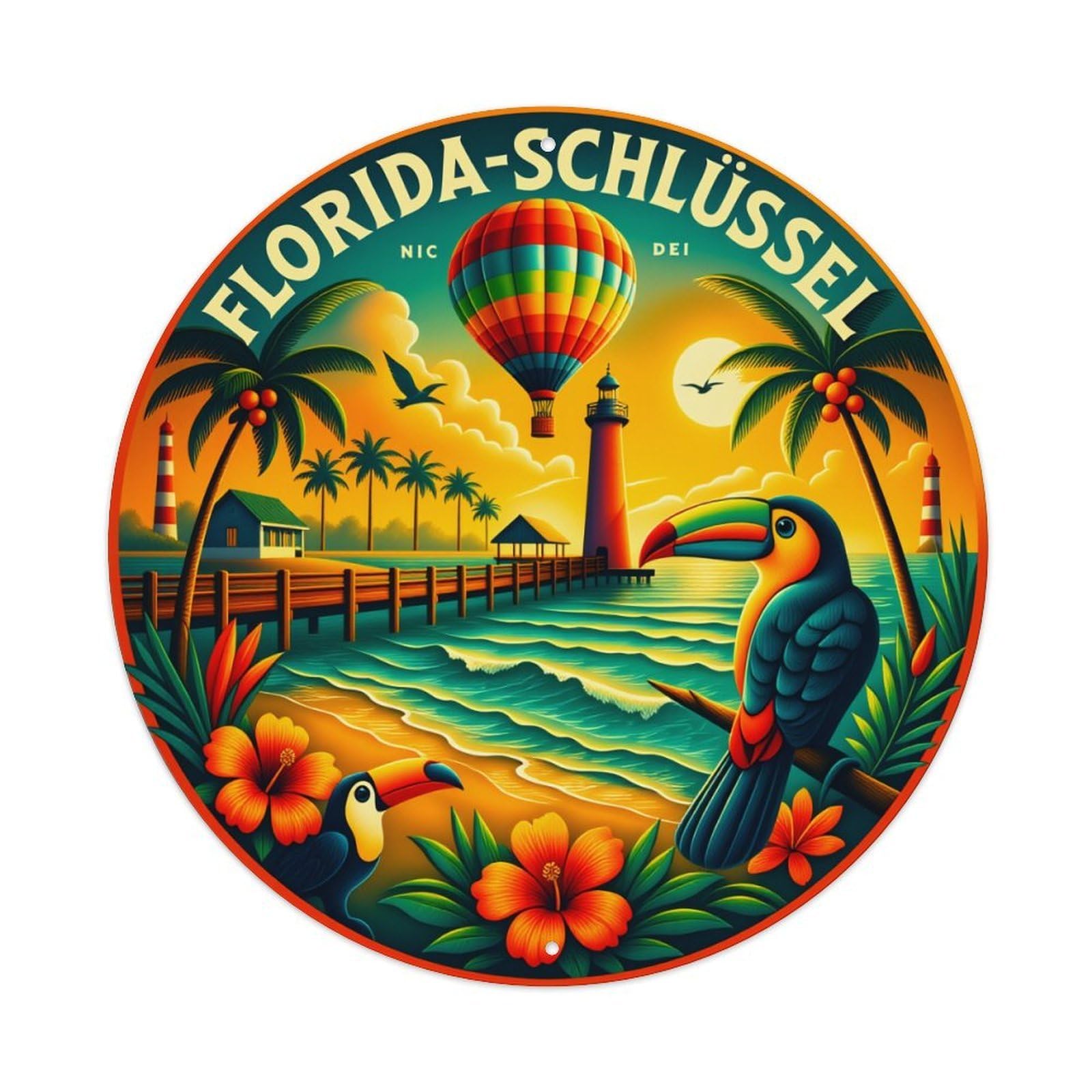 Tropical Beach Scene With Toucans Round Tin Sign Vintage Metal Poster Retro Bar, Home, Man Cave, Kitchen, Laundry Room Wall Art Decor Gift 8x8Inch