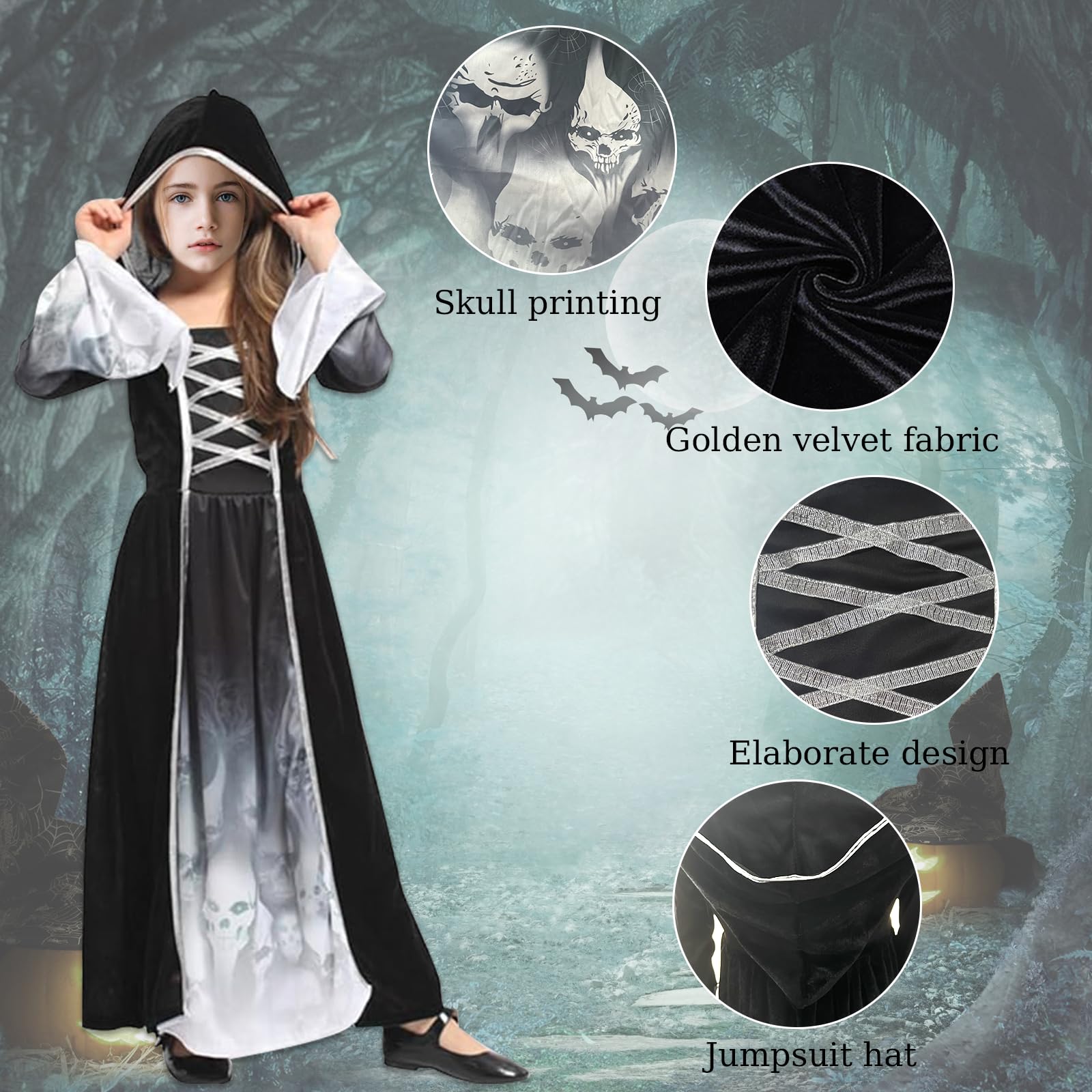Halloween Costume Morte Bambina - Vestito da Mietitore Scheletro per Ragazza con falce - Costumi Grim Reaper Bambini per Halloween Carnevale Cosplay Festa