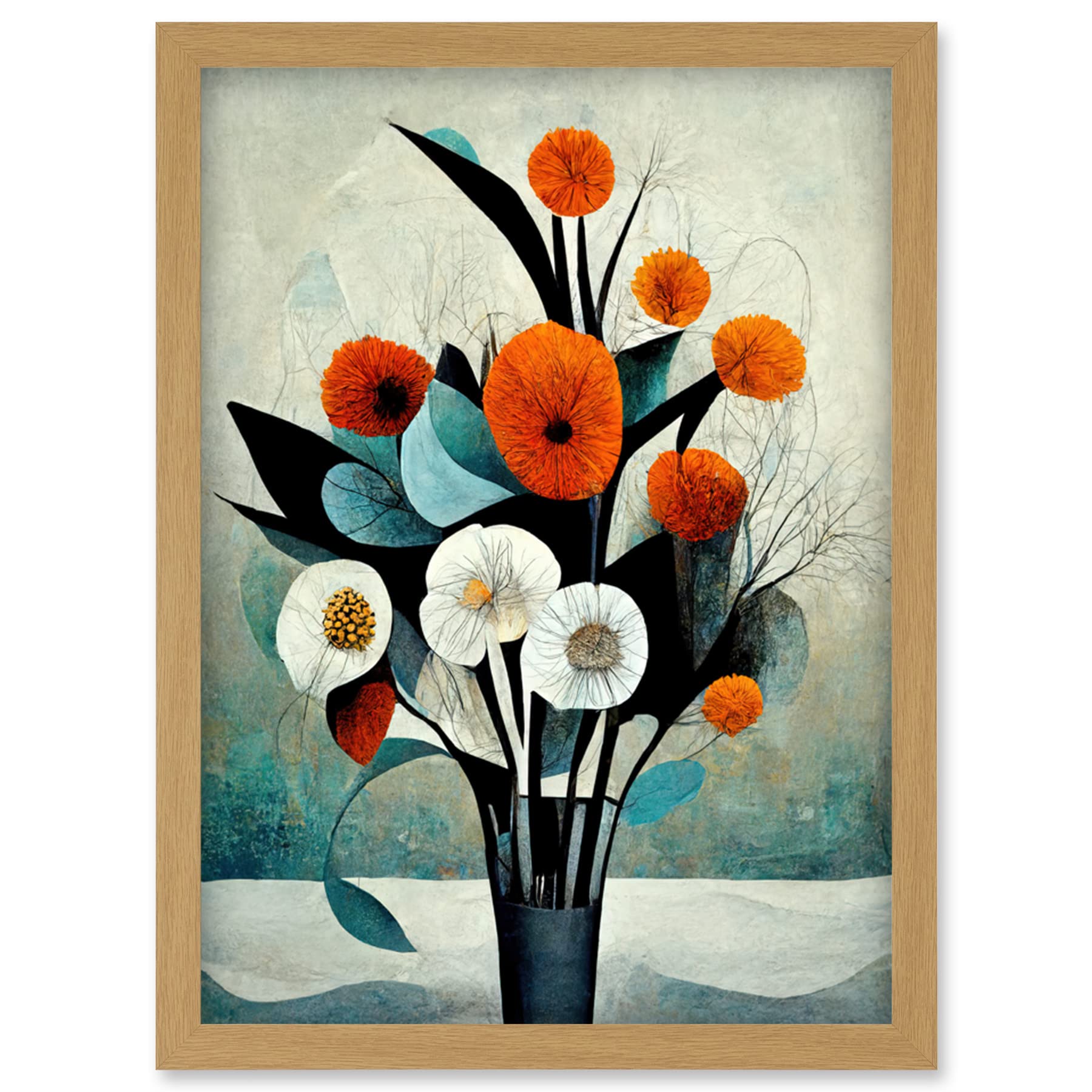 Doppelganger33 LTD Flowers Floral Display Bouquet Modern Abstract Teal Orange Artwork Framed Wall Art Print A4