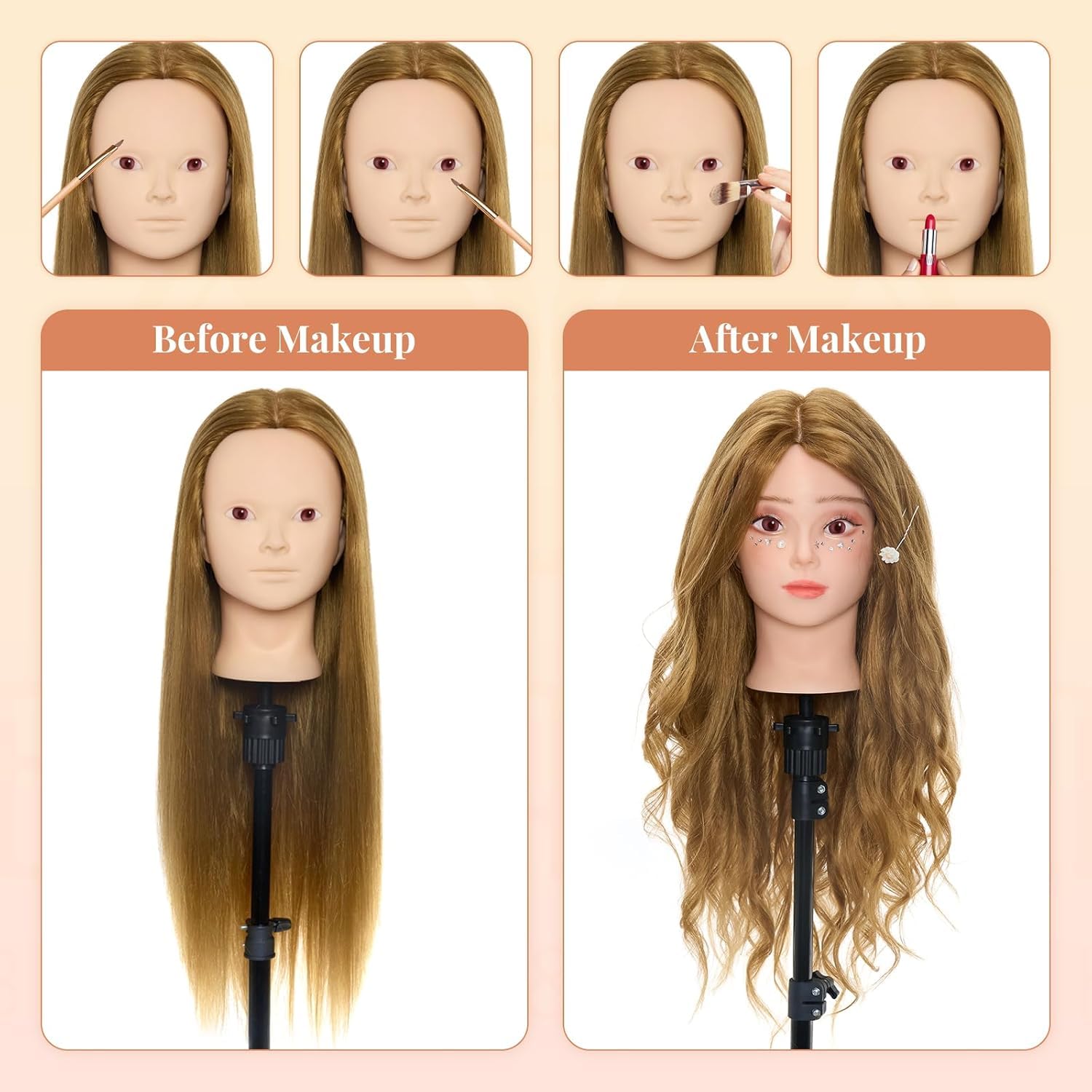 Neverland Cabeza de Peluqueria 24" 50% Pelo auténtico Cabeza Para Peinar Cabeza Maniqui Peluqueria Maniquí Muñeca para Peluquería con Soporte + Accesorios de Peinado DIY