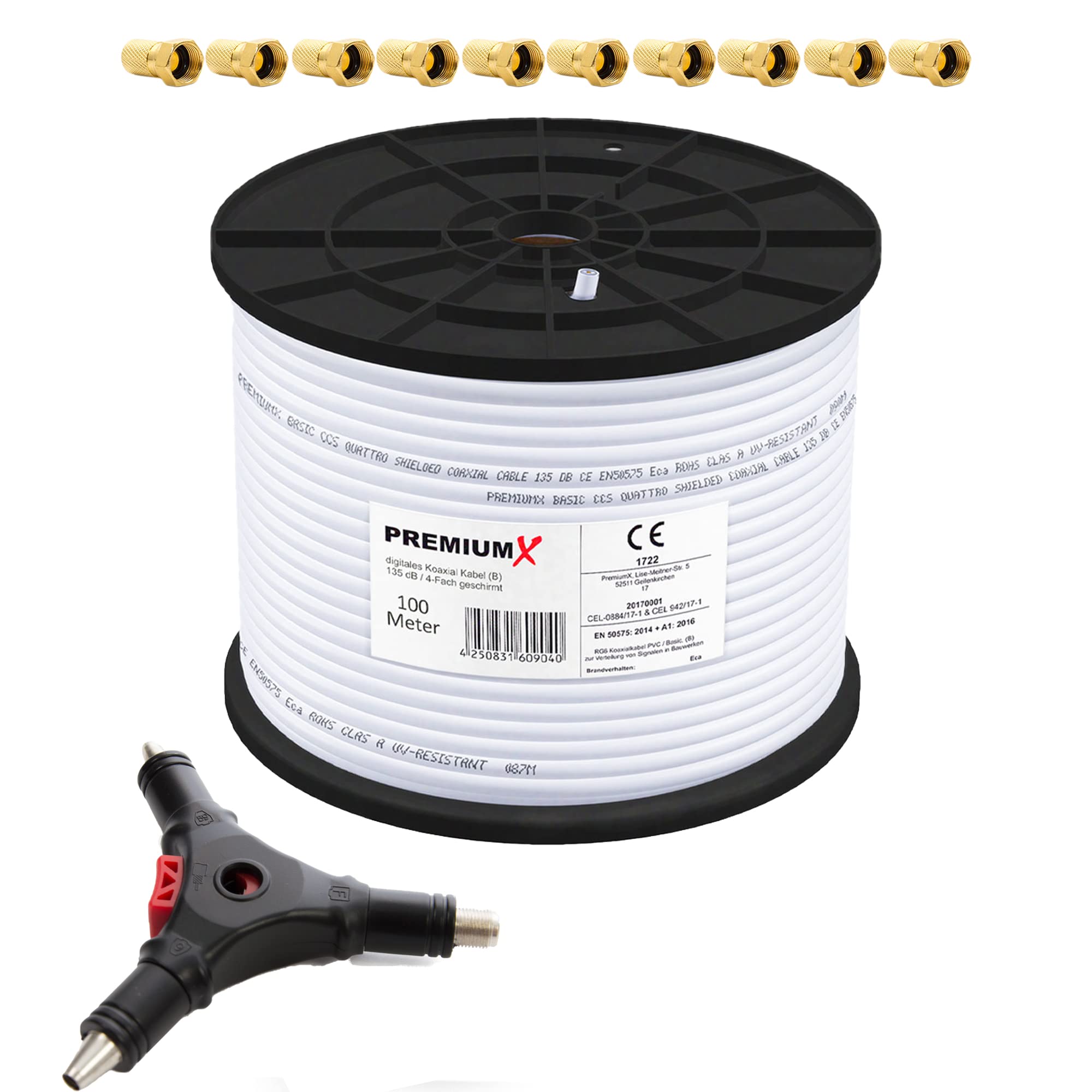 Premium X 100m BASIC Koaxialkabel 135dB 4-fach SAT Antennenkabel RG6 Satellitenkabel Abisolierer 10x F-Stecker