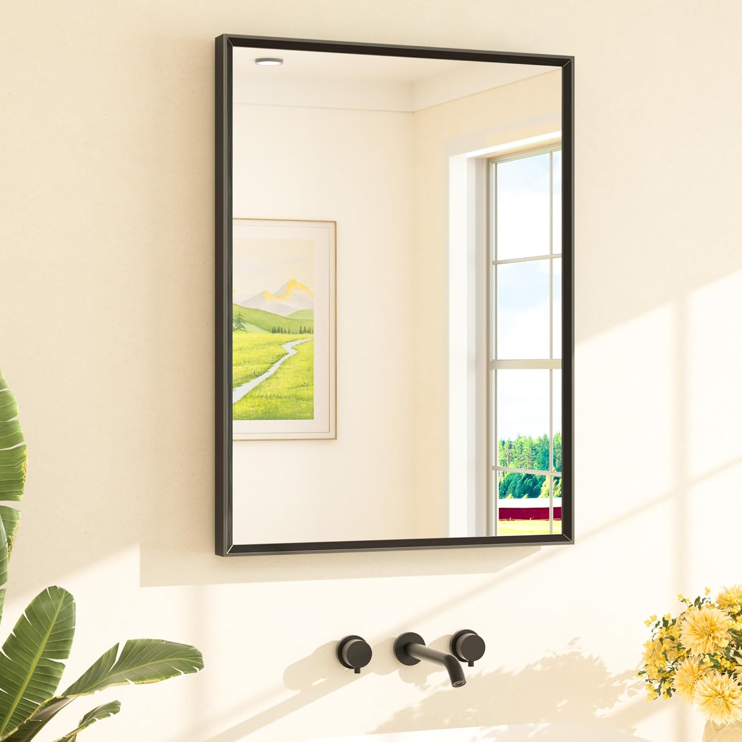 TETOTE Black Mirror for Bathroom Sink 24" x 32" Matte Black Beveled Metal Frame Bathroom Vanity Rectangle Mirror for Wall, Modern Farmhouse, Tempered Glass, Shatterproof, Stronger Frame 32"L x 24"W Matte Black
