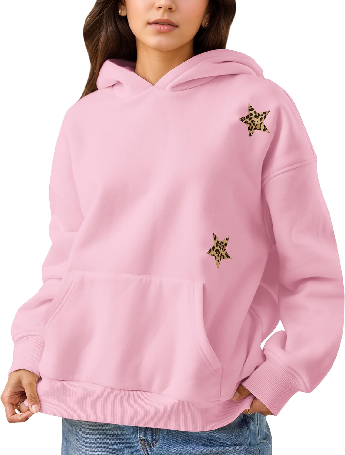 Women Leopard Star Graphic Hoodies Oversized Cheetah Embroidered Hoodie Y2k Streetwear Hooded Sweatshirts with Pocket