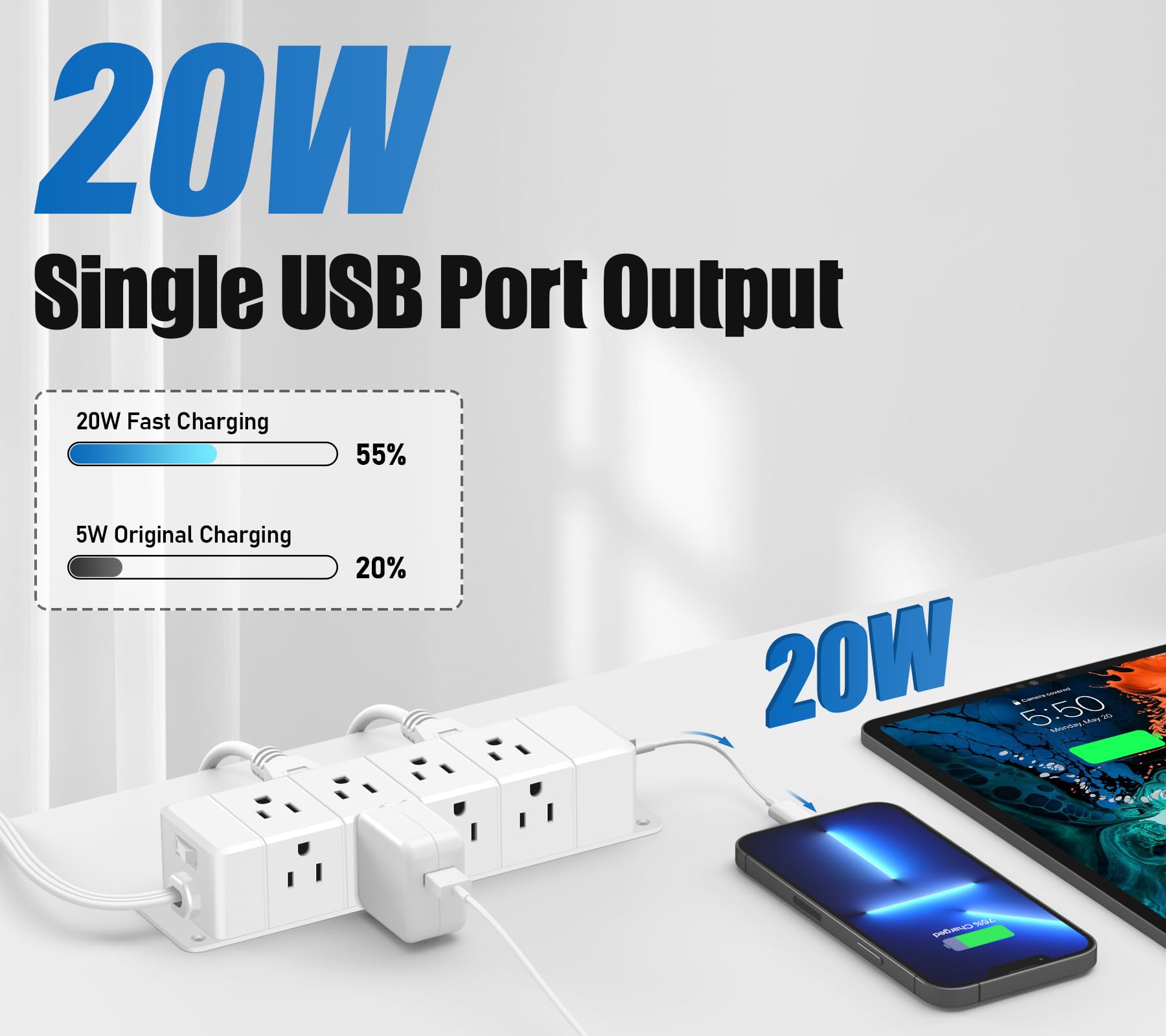 ANNQUAN - Bloc d'alimentation à charge rapide sous le bureau, multiprise à 12 prises avec 4 USB, protection contre les surtensions de 1200 J, rallonge plate