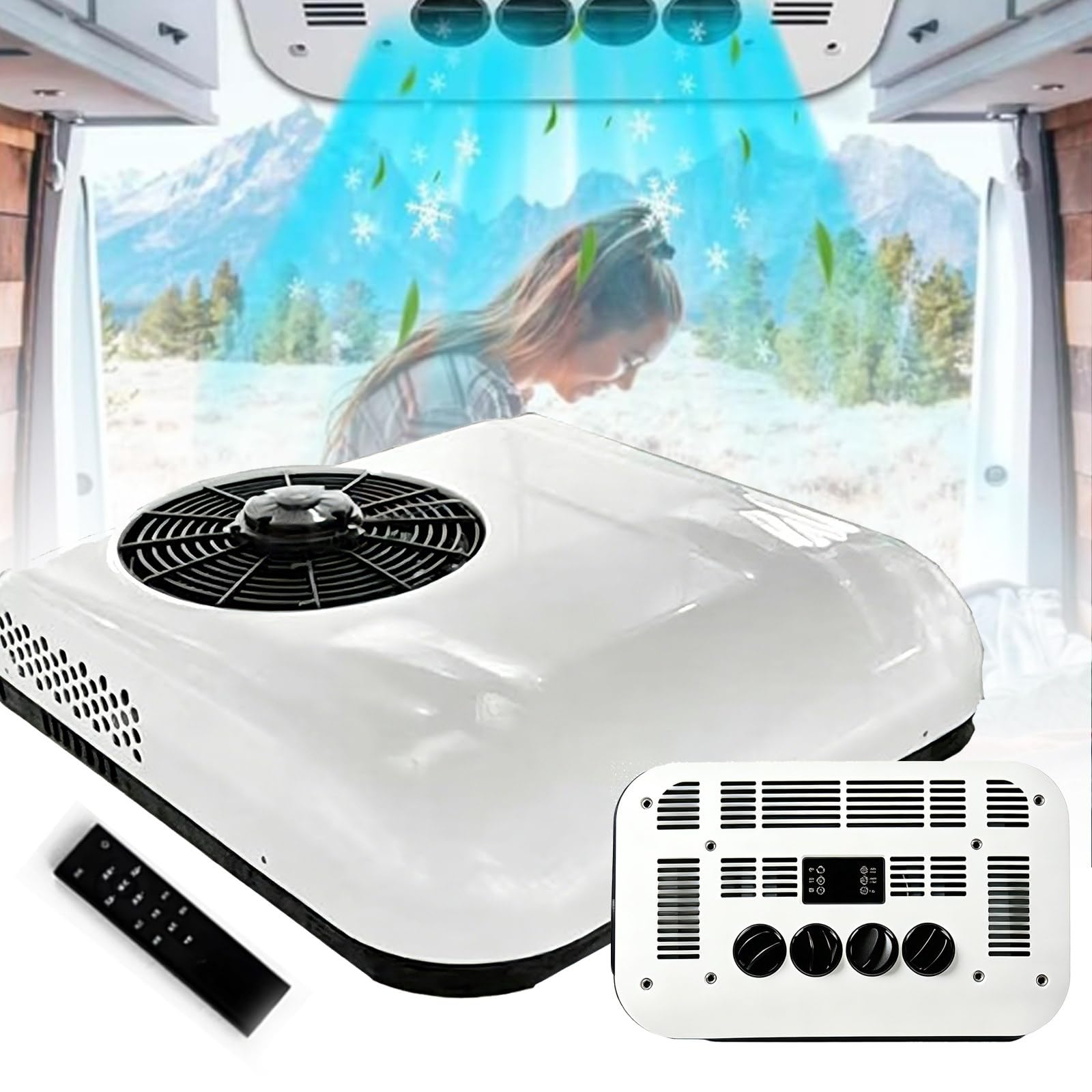 Osnzyc Rooftop Air Conditioner (12V/24V) for Campers, 2200W Cooling Capacity, Ultra-Silent (20dB), Energy-Efficient Parking A/C Unit with Remote Control for Vans, Trucks, and Caravans 12v