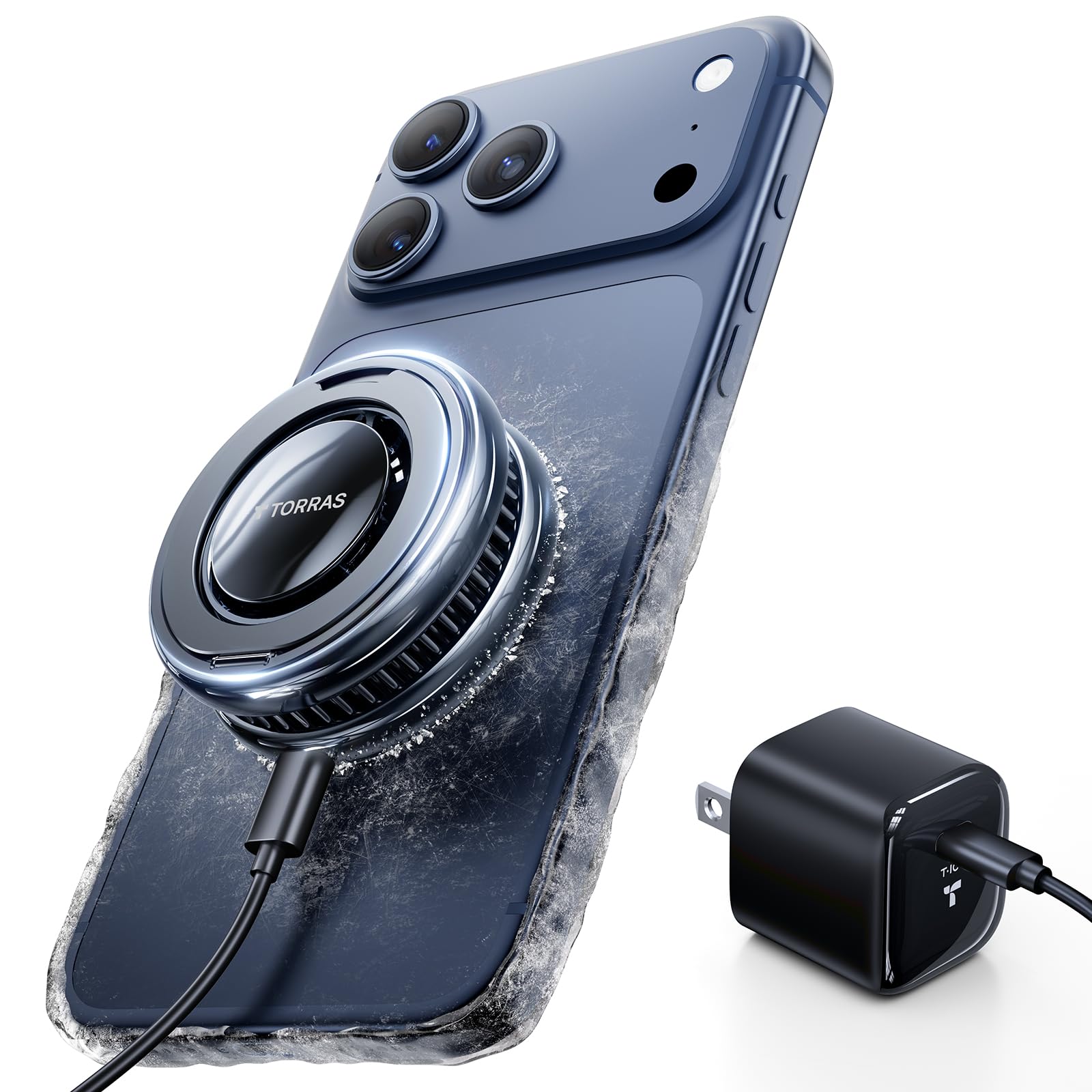 TORRAS PolarCircle Qi2.2 Wireless Charger, 25W Cooling Magnetic Pad for Samsung Galaxy S26/S25, Wireless Charger for iPhone 17/16 with 360°Spin Stand, Semiconductor Phone Cooler, with 45W IceNano Plug