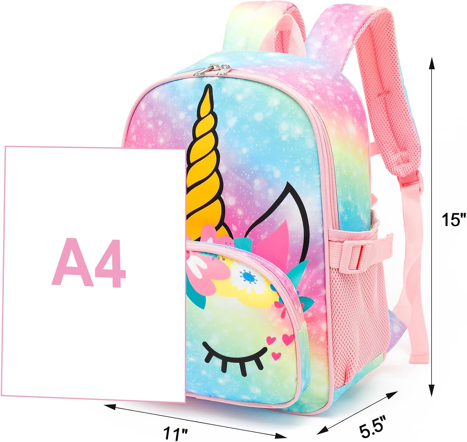 Kids Backpack Girls School Backpack Preschool Kindergarten Unicorn Toddler BookBag with Chest Clip (Slanting Rainbow) - Image 3