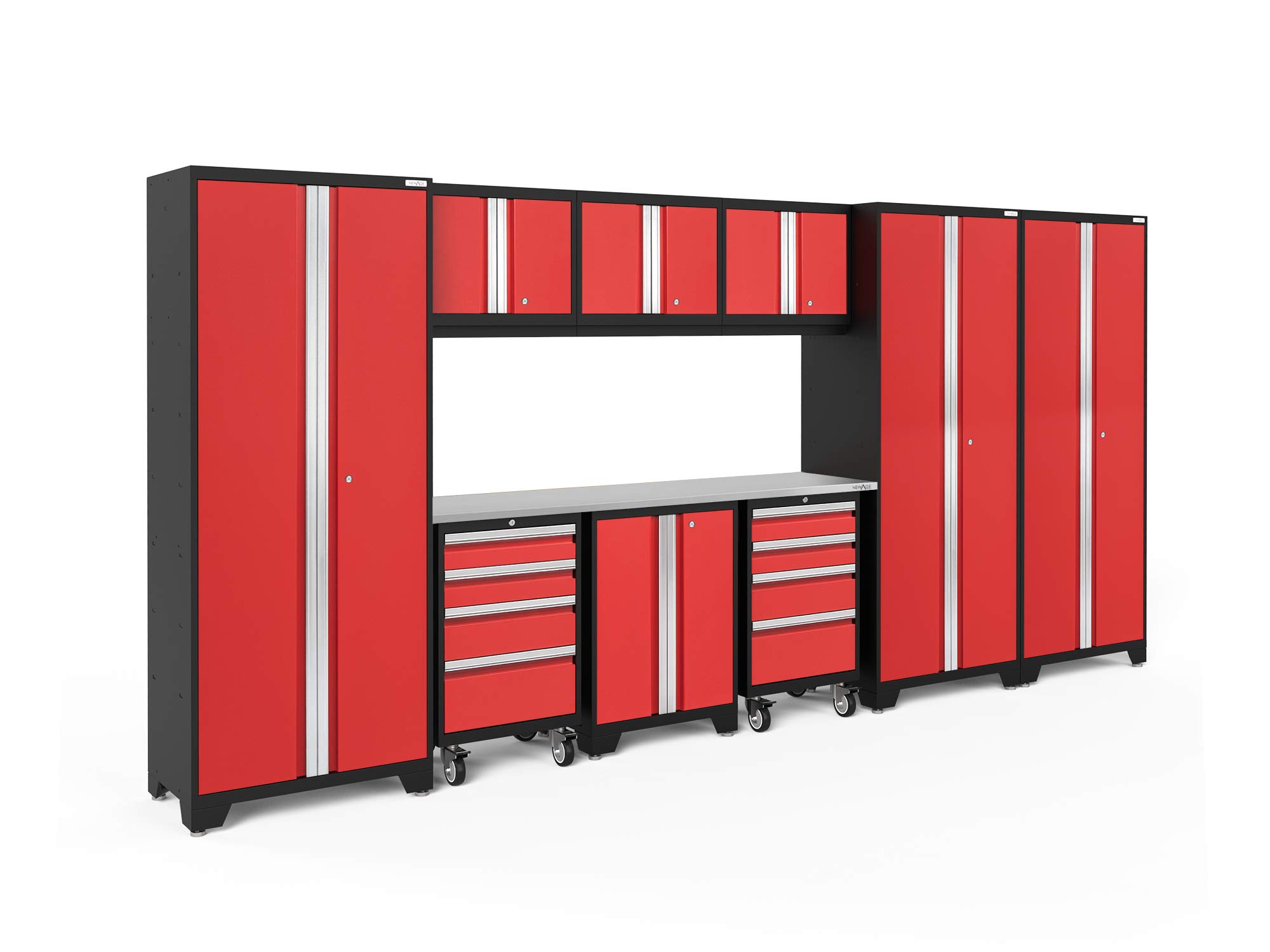 NewAge Products Red Bold Series 10PC Garage Cabinetry Set · 24-Gauge Steel · Fully Welded · 162" W x 18" D x 76.75" H, 50613