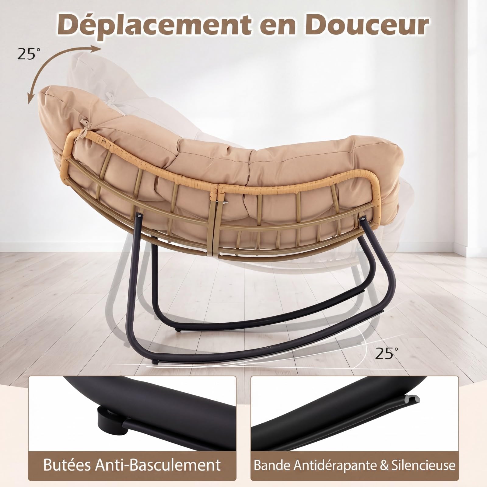 COSTWAY Fauteuil à Bascule Exterieur Interieur XXL, Fauteuil de Jardin en Rotin PE Tressé, Cadre en Métal, Coussin Épais Amovible, Rocking Chair pour Balcon Salon Porche, Charge 140 kg (Beige)