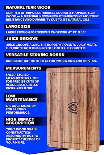 Miniatura 6 de Dalstrong Tabla de cortar de madera de teca, 22 x 15 pulgadas, tamaño grande, medidas grabadas con láser y ranura para jugo, tabla de cortar de