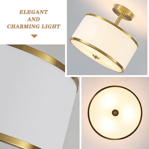 Vista 21 de BUXVRCS Semi Flush Mount Ceiling Light Fixture, 3-Light Drum Lighting Fixtures, Hallway Light Fixture Ceiling Mount with Fabric Shade, Close to