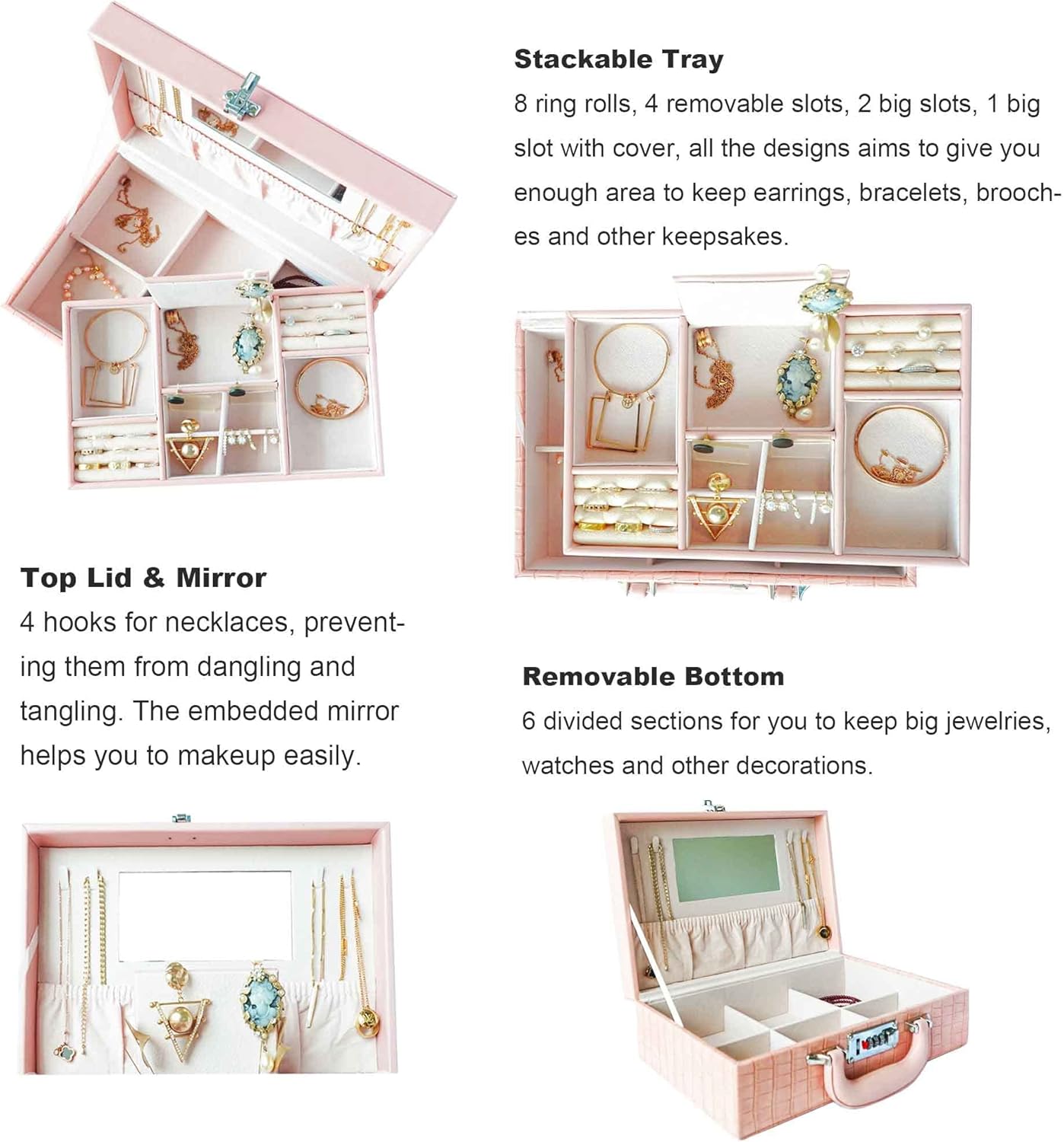 KENSONE Jewelry Boxes Organizers for Women Girls with Mirror, 2-Layer Portable Travel Jewelry Storage Case with Removable Tray, Code Lock and Waterproof PU Surface, Vintage Gift (Pink) : Clothing, Shoes & Jewelry