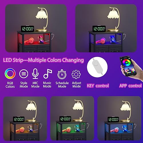 Miniatura 8 de Furnulem Mesita de noche alta con estación de carga y luz LED, cómoda pequeña con estante abierto y 4 cajones de almacenamiento, mesa auxiliar negra