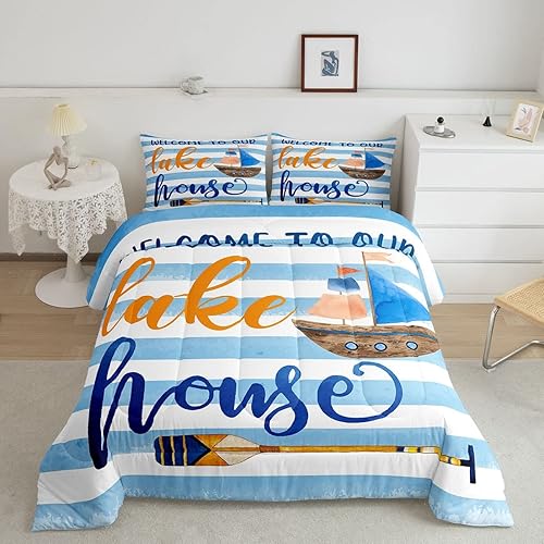 Erosebridal Juego de edredón de casa del lago para niños, juego de ropa de cama náutica de barco de vela para niños y niñas, juegos de edredón de