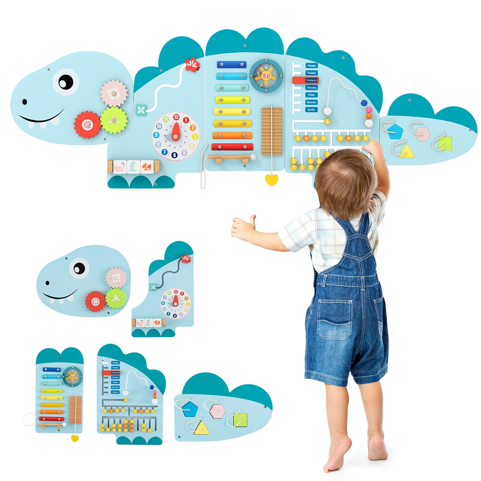 DREAMADE Montessori Busy Board, Motorikbrett aus Holz mit Blöcken & Xylophon & Zahnrädern & Uhr, Montessori Wandboard Motorikspielzeug für Kinder ab 3 Jahren (Dinosaurier-Blau)