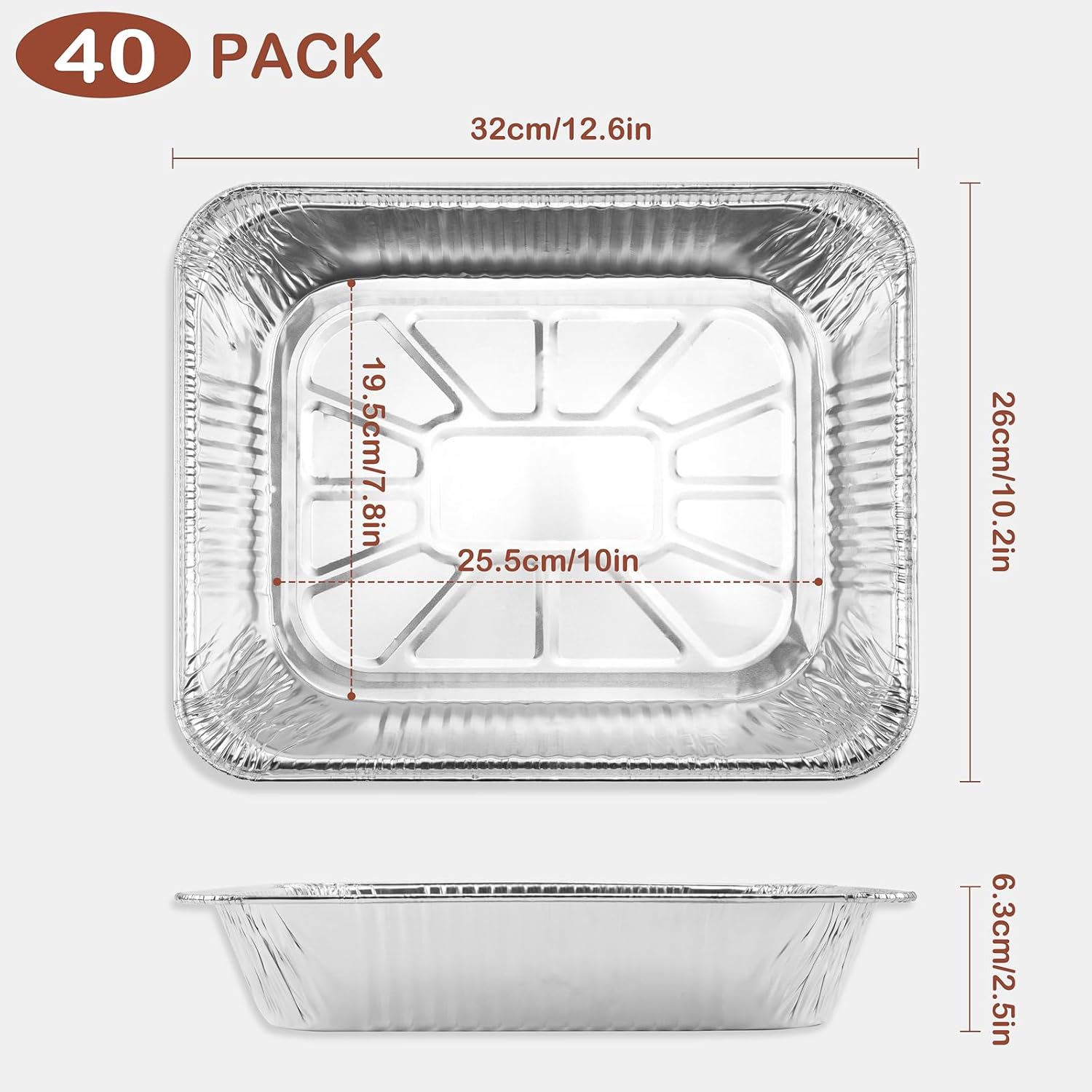 9x13 aluminum foil pans, 40-pack extra heavy duty half size disposable aluminum foil trays, deep steam table pans for cooking, baking, grilling, roasting, heating & serving food half size-deep 40