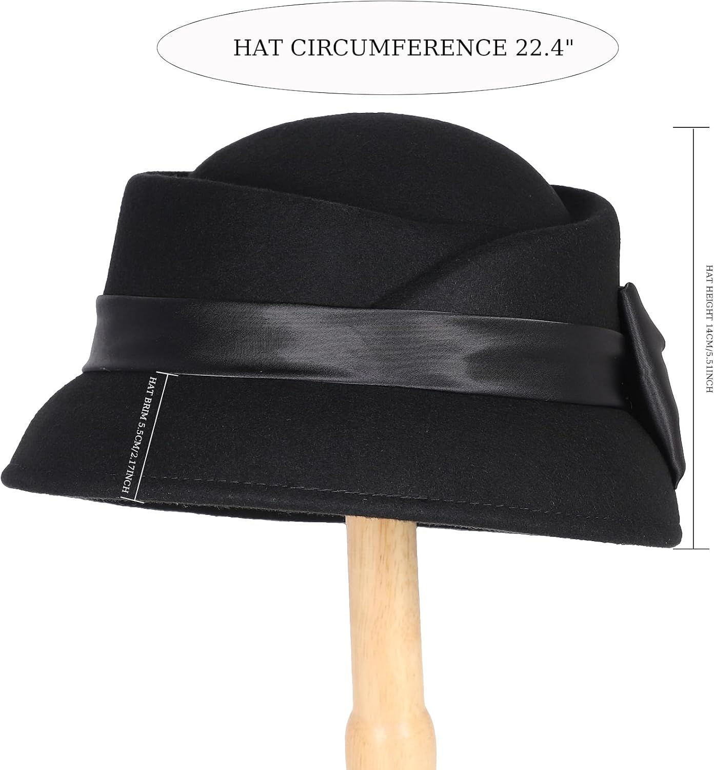 Women’s Vintage Wool Cloche Church Hat with Satin Bow Elegant Bowler Bucket Hat for Tea Party Wedding Garden Formal Events