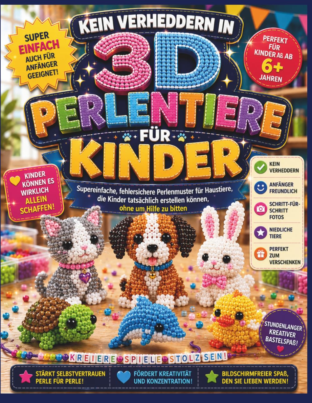 Kein Verheddern in 3D PERLENTIERE FÜRKINDER: Supereinfache, fehlersichere Perlenmuster für Haustiere, die Kinder tatsächlich erstellen können, ohne um Hilfe zu bitten
