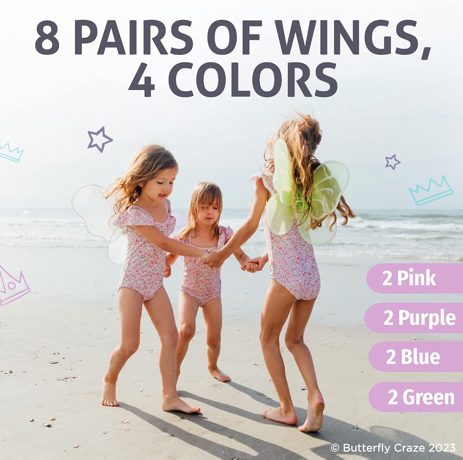 Girls' Fairy, Angel, or Butterfly Wings - Costume Accessories & Party Favors or Supplies, Make Your Little One's Birthday Party Special, in Shades of Blue, Green, Pink, and Purple, 8pc