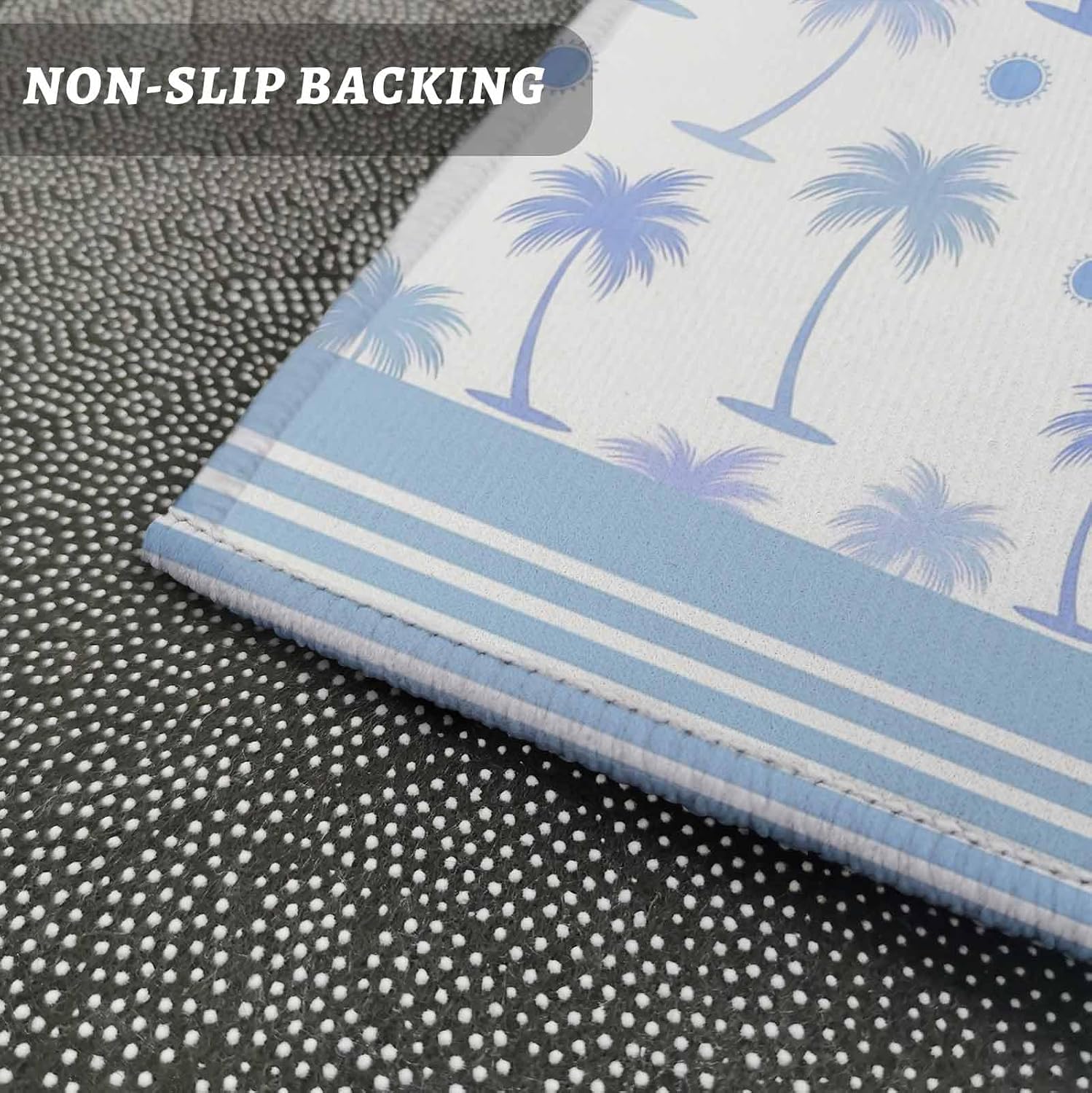 Kitchen Mats for Floor Seamless Coconut Palm Trees Washable Non Slip Kitchen Rugs 2PCS, Blue Lavender Plaid Stripe Absorbent Standing Mats for Sink Bathroom Office Living Room 15.7x23.6in+15.7x47.2in
