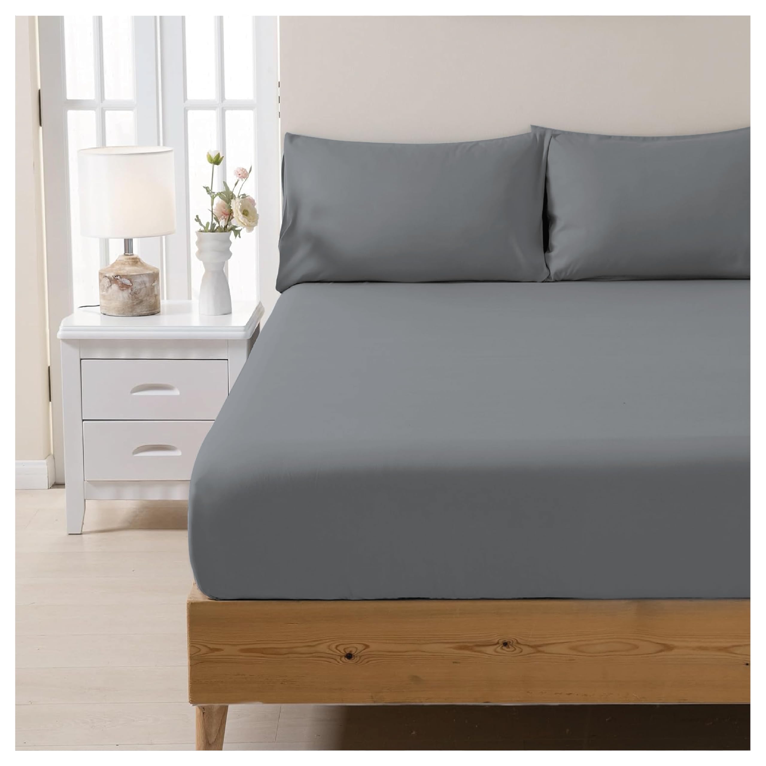 Apex Furnishings 100% Egyptian Cotton 300 Thread Count King Size Fitted Sheet - Easy Care Hotel Bedding Crisp & Breathable Bed Sheets, Grey (150x200cm)