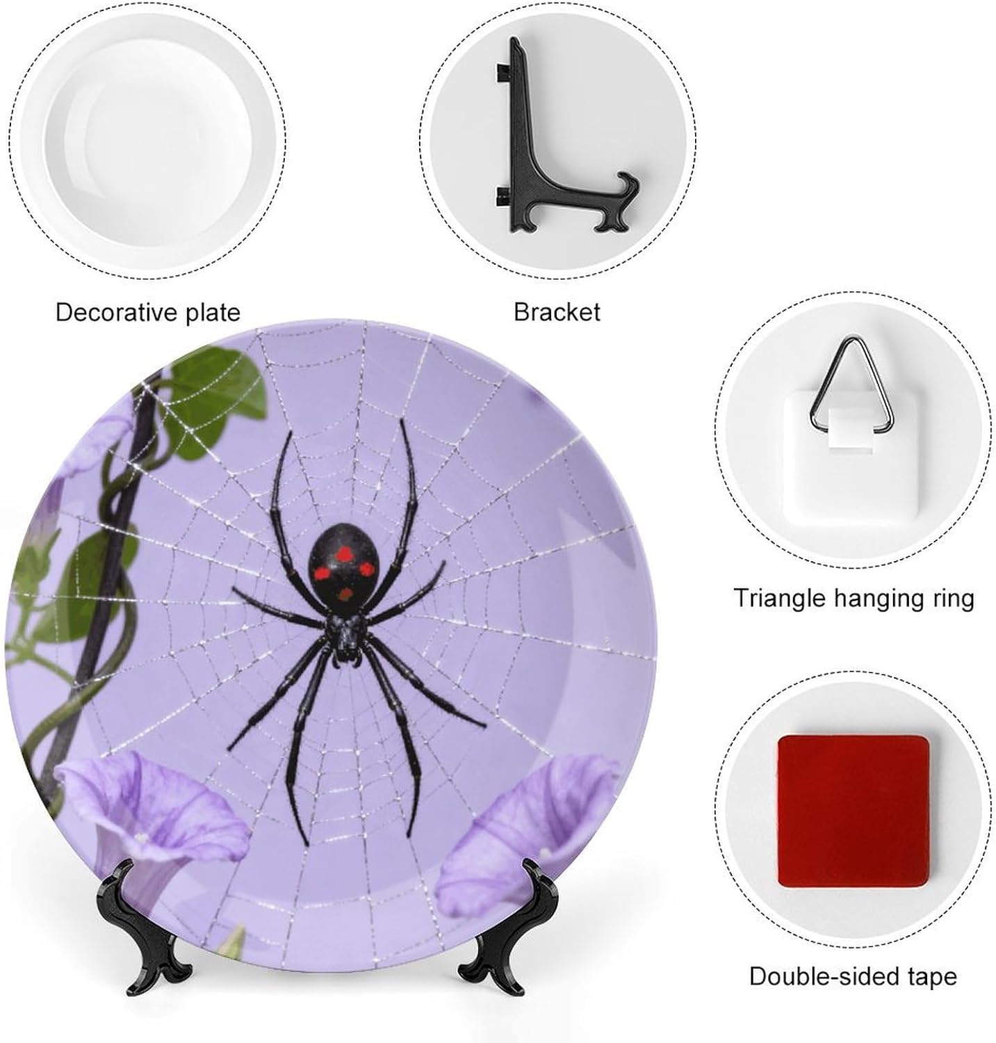 Black Widow on Purple Vine Decorative Plates Bone China Plates with Stand for Display 8inch Round Ceramic Dinner Plates Dessert Plate for Kitchen Party Coffee Table Decor Art