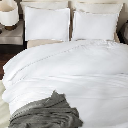 Miniatura 5 de Andency Juego de edredón blanco tamaño matrimonial, juego de edredón de 3 piezas de gofre para todas las estaciones, juego de edredón ligero y suave