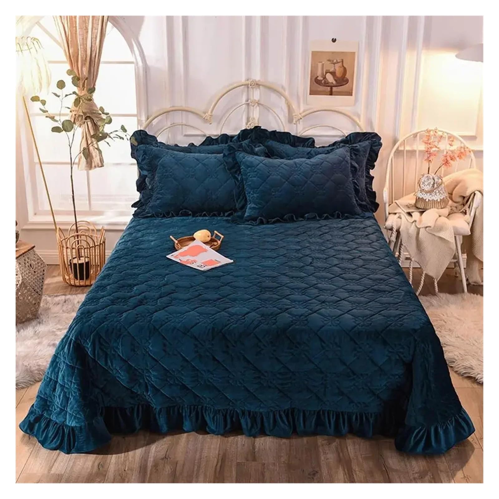 Colcha acolchada rosa con juego de cama de terciopelo de cristal de 3 piezas y fundas de almohada