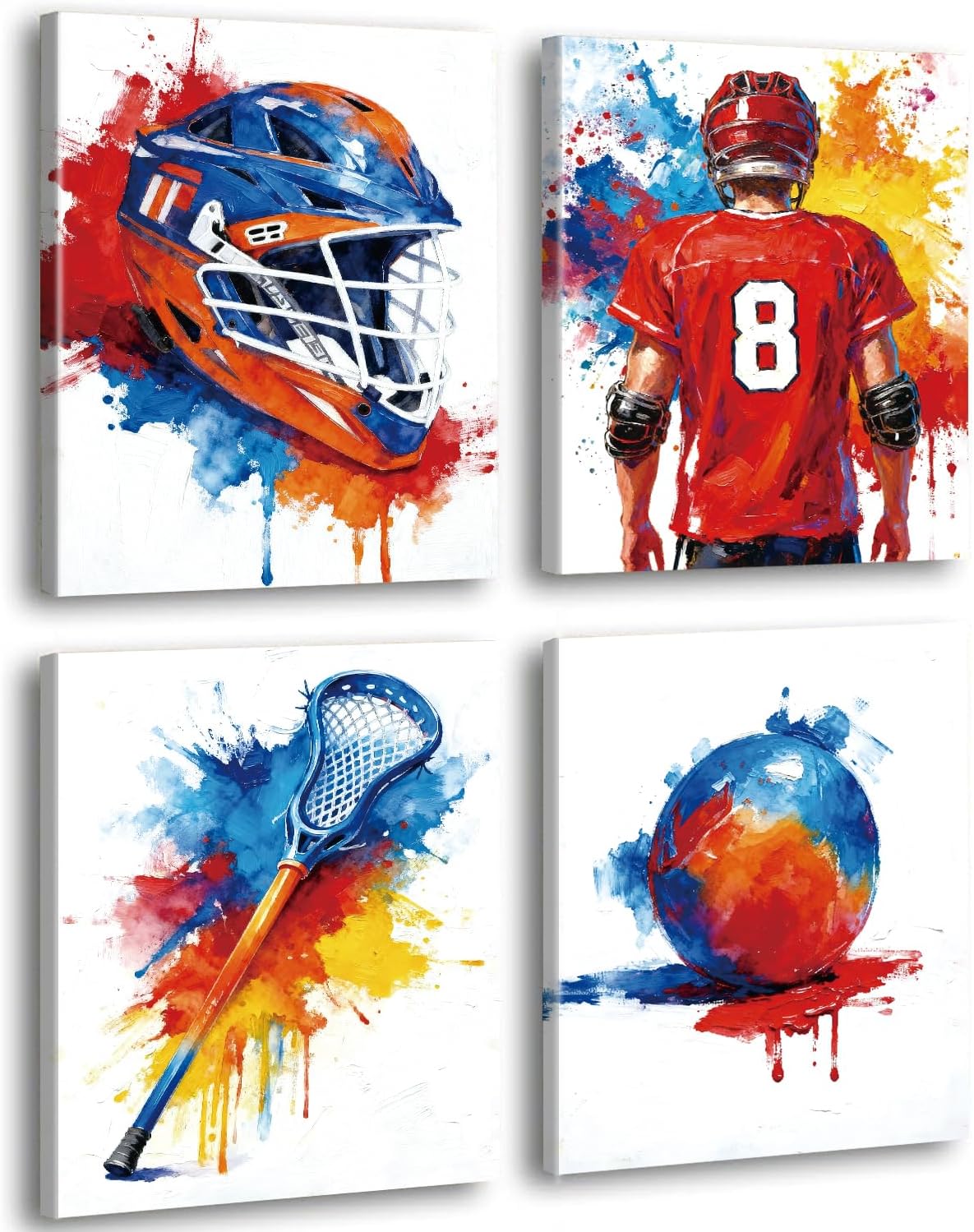 Lacrosse Wall Art Set of 4,Colorful Watercolor Sports Canvas Print 8x10 ﻿