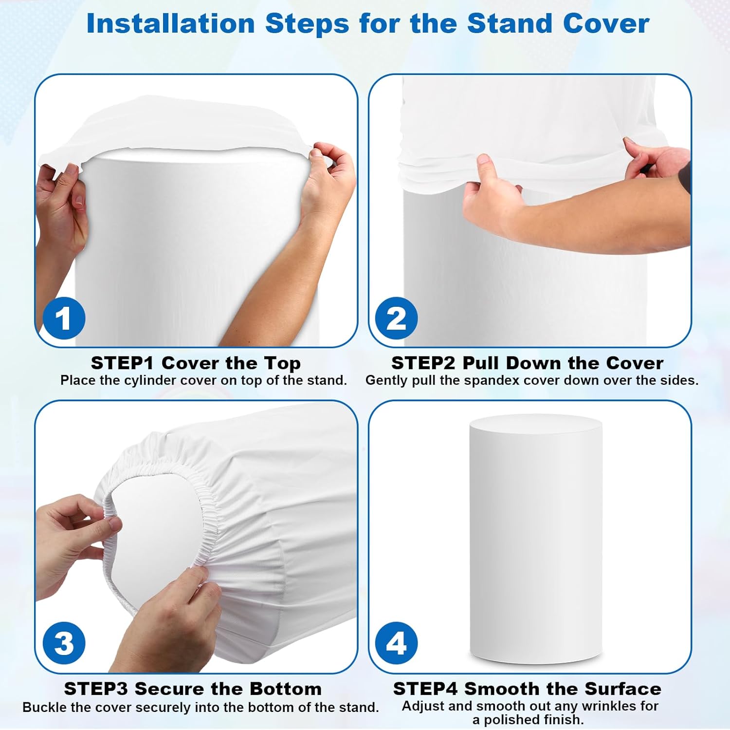 Cylinder Pedestal Covers, Set of 5 Spandex Display Cylinder Covers, Only Elastic Cloth Plinth Pillar Cover for Birthday Party Wedding Baby Shower Dessert Tables Decor(S+M+L+XL+XXL, White)