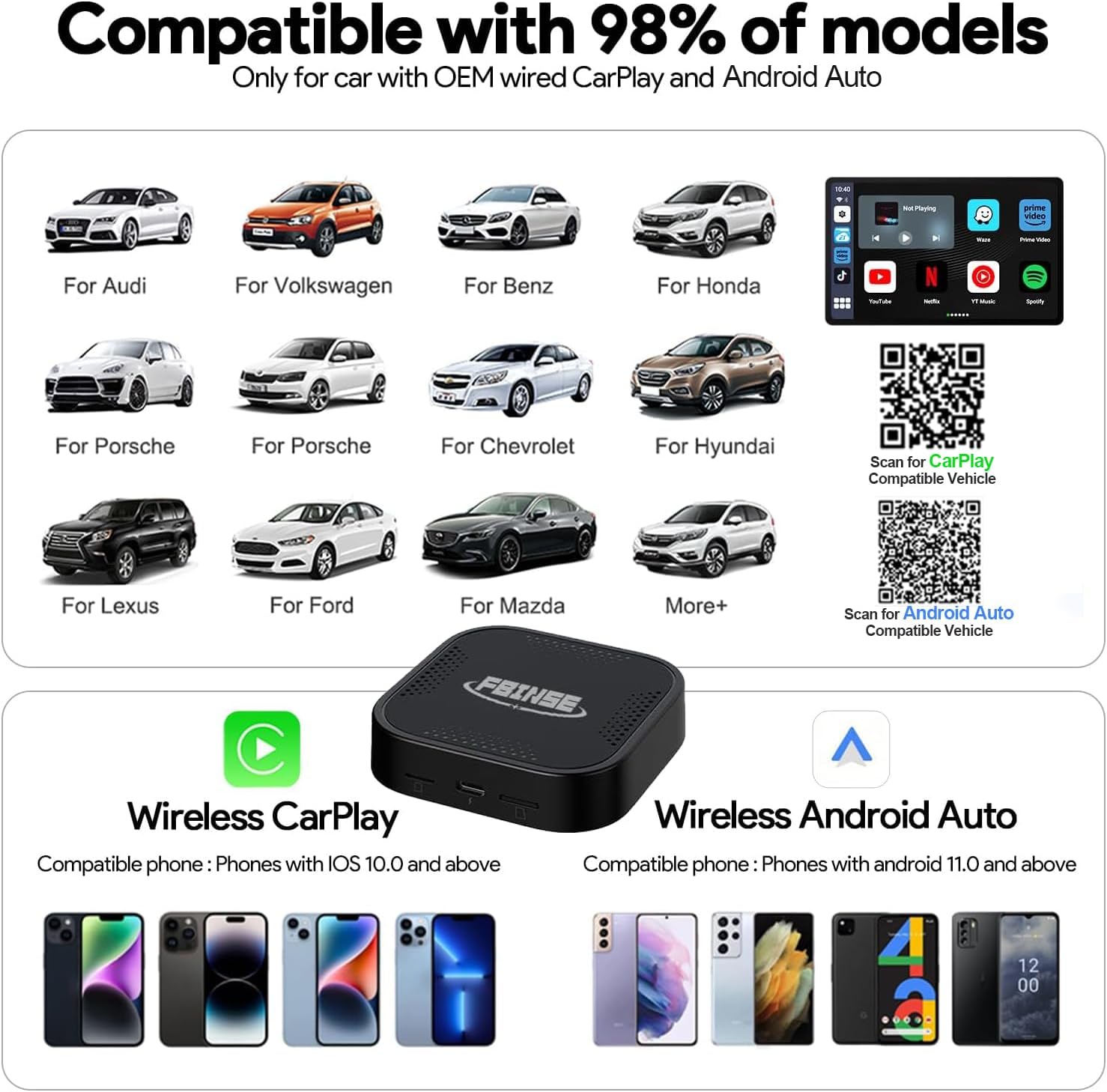 Carplay AI Box, AI Box Carplay Video Device for Car with Wired Carplay/Android Auto, Car Video fBox Supports Wireless CarPlay & Wireless Android Auto, 4GB+64GB