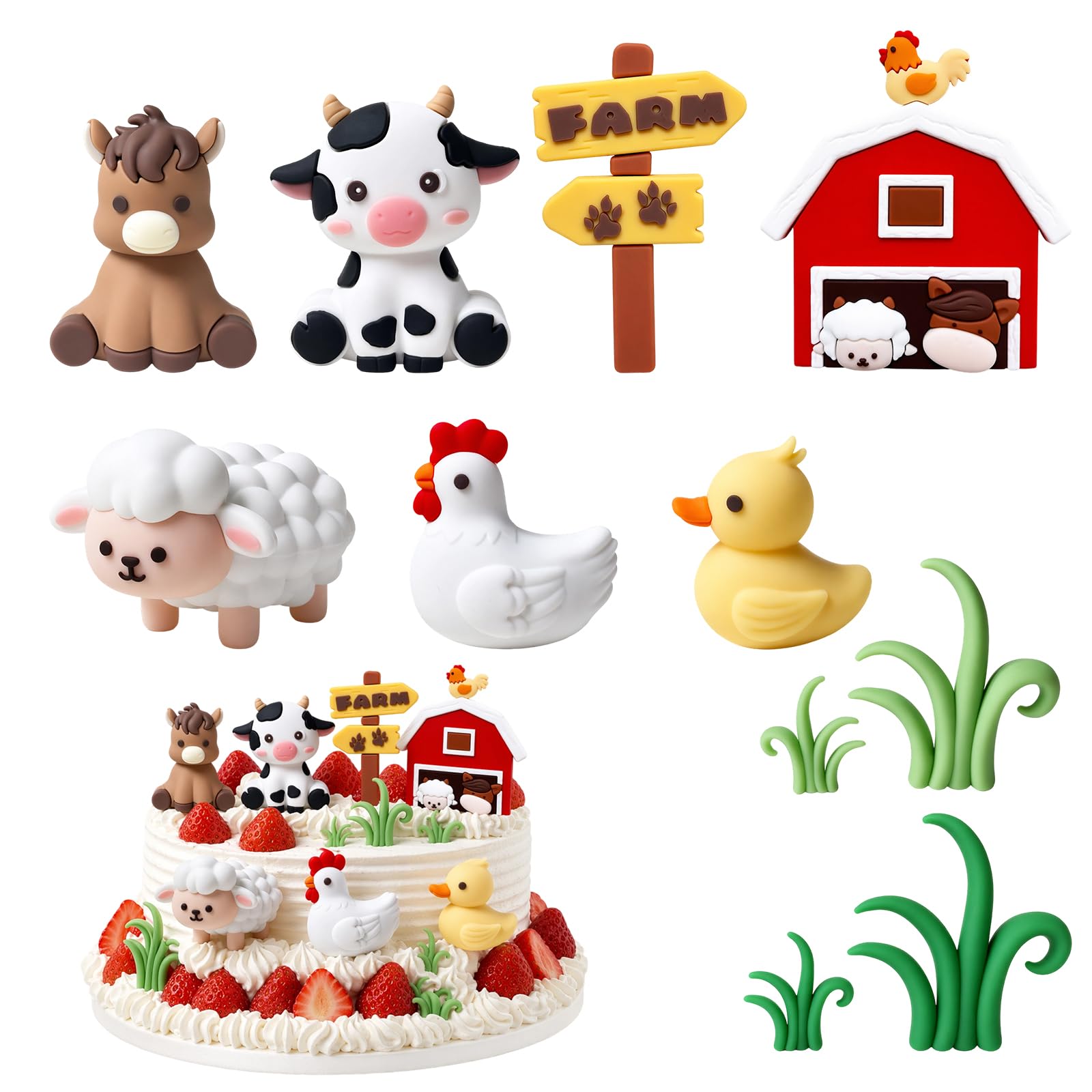 9Pcs Farm Animal Cake Toppers, 3D Reusable Farm Cake Decorations Set for Birthday Party Dessert Displays