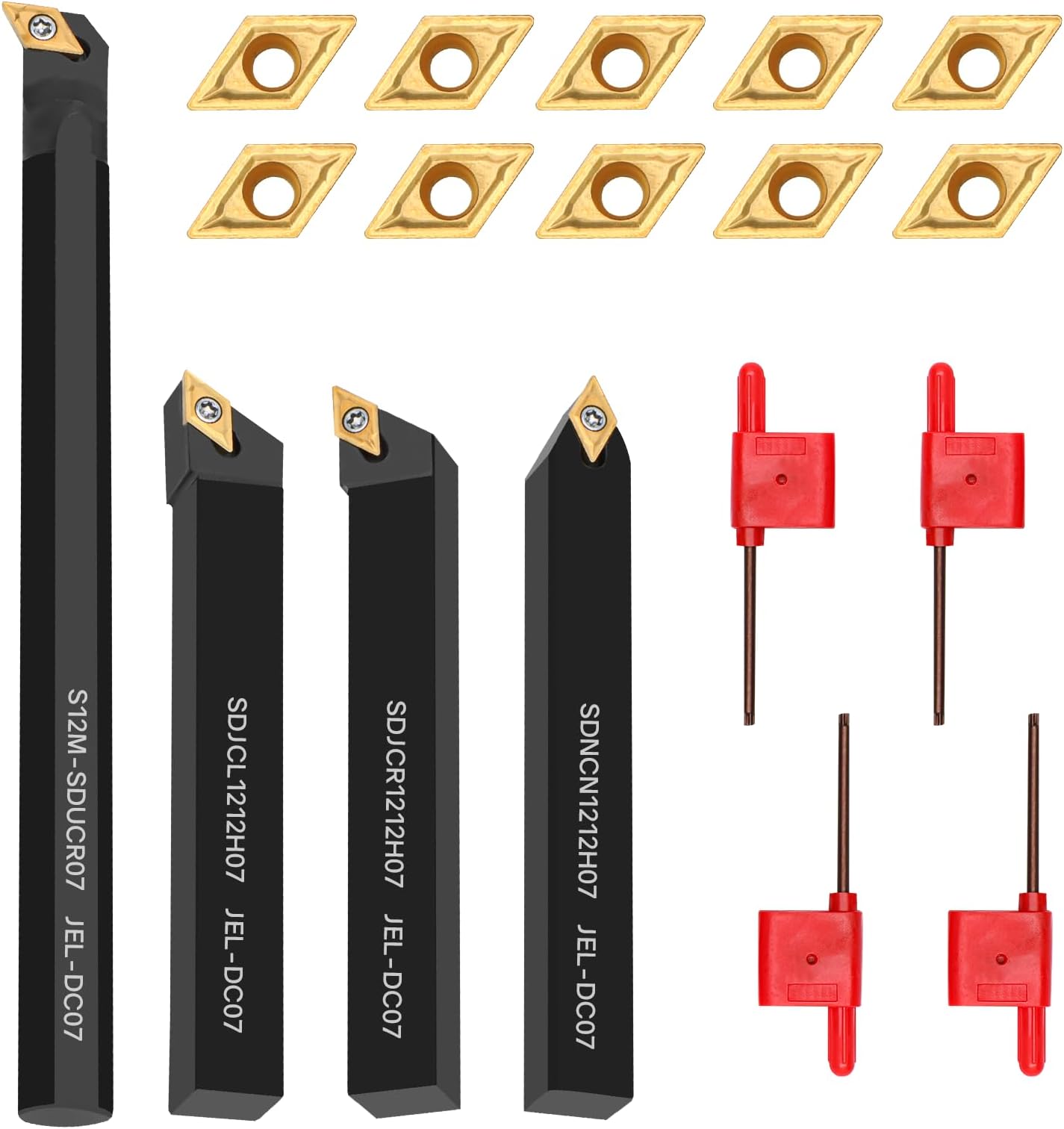 Indexable Lathe Turning Tool 1/2" 12mm Shank 14PCS Kit-4PCS Metal Lathe Tools Holder 10PCS DCMT21.51 Carbide Insert for Grooving Turning Boring SDNCN12120H07/SDJCR1212H07/S12M-SDUCR07/SDJCL1212H07